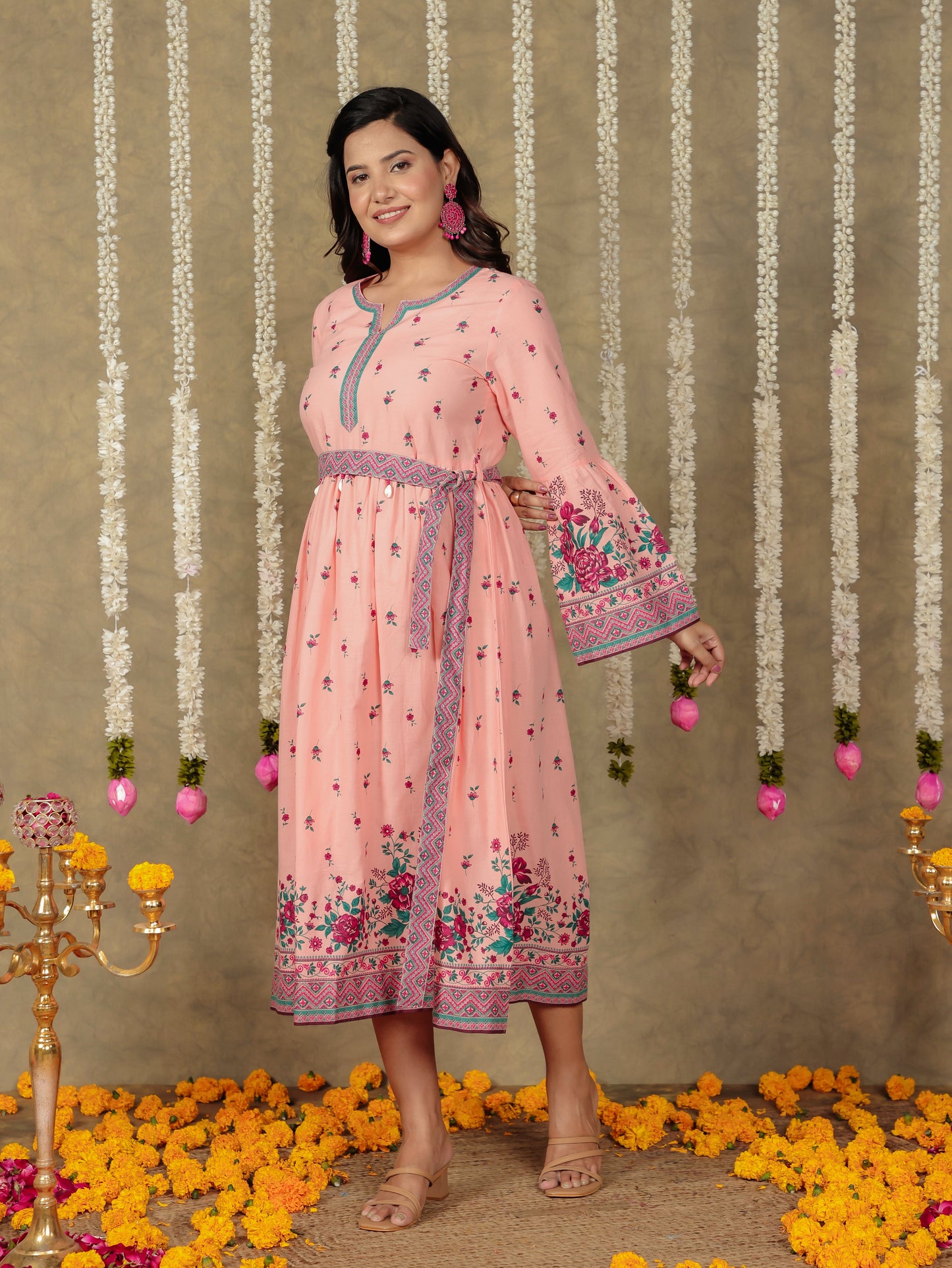 Soft Cotton Floral Gathered Peach Dress