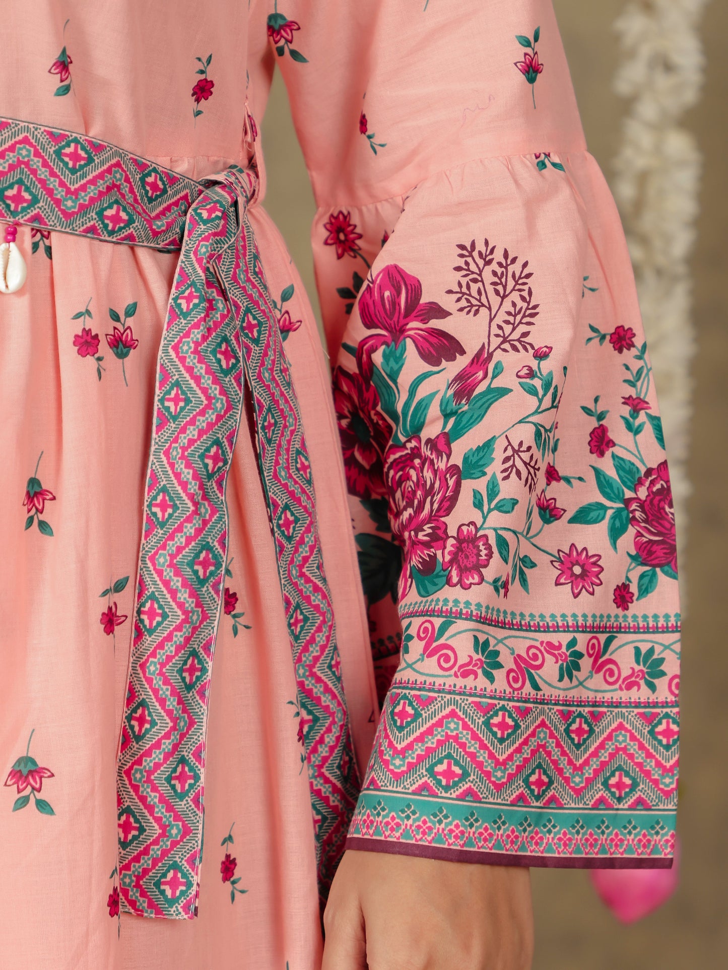 Soft Cotton Floral Gathered Peach Dress