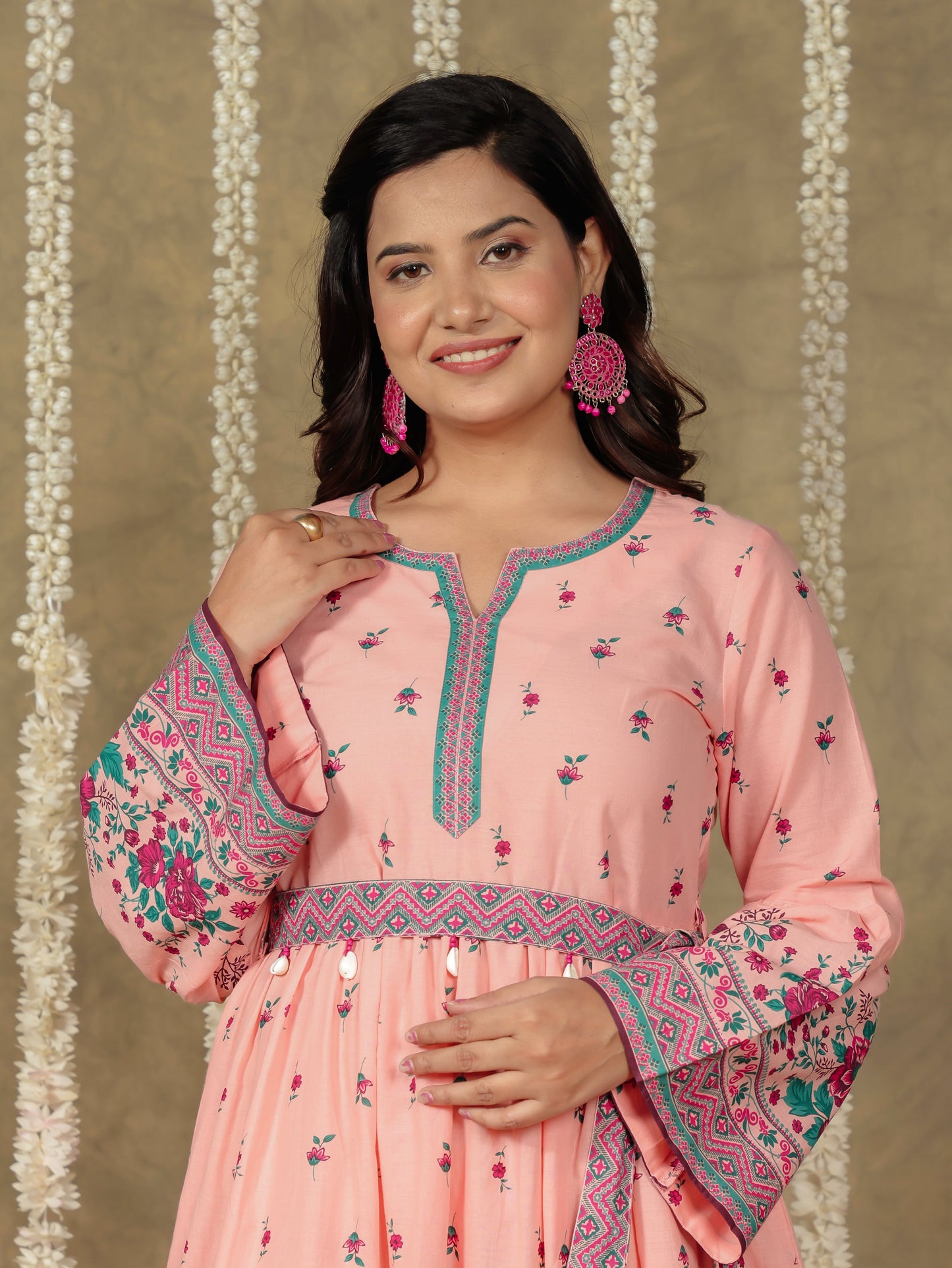 Soft Cotton Floral Gathered Peach Dress