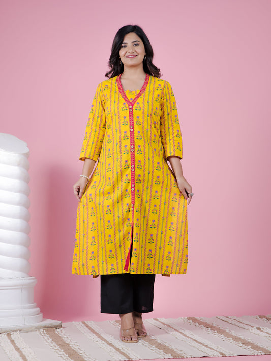 Embroidered Soft Cotton Floral A-line Yellow Kurta