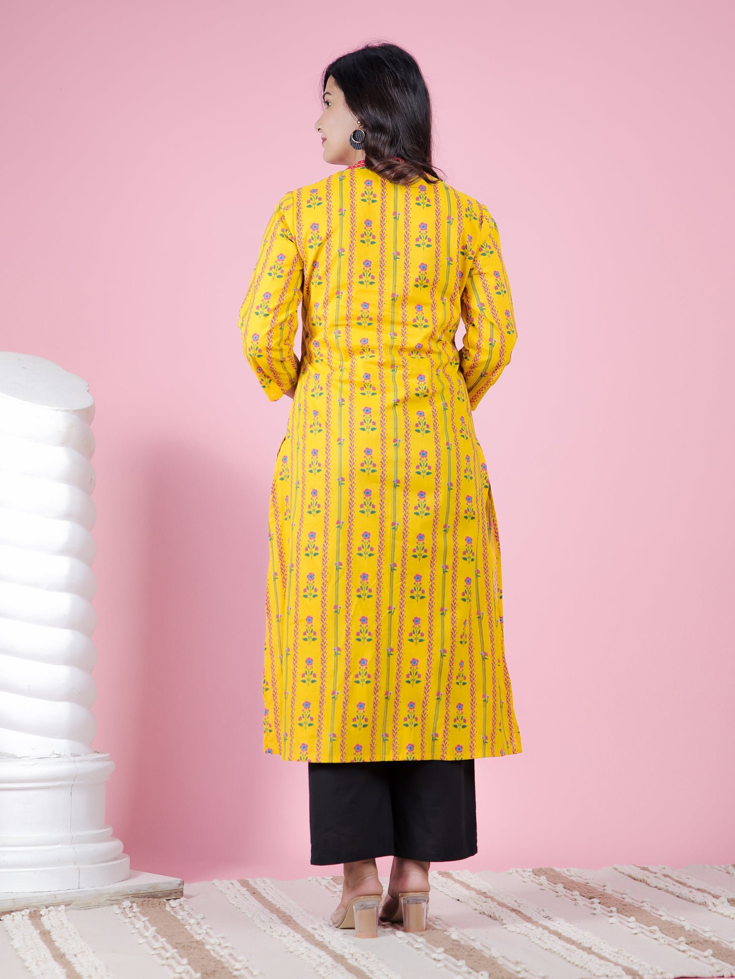 Embroidered Soft Cotton Floral A-line Yellow Kurta