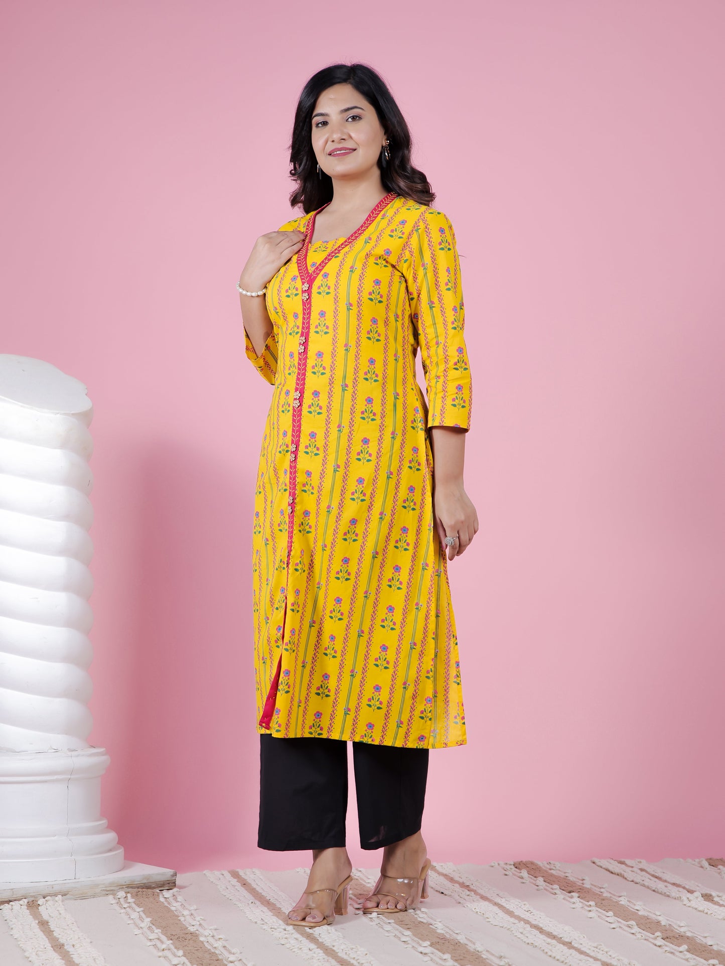 Embroidered Soft Cotton Floral A-line Yellow Kurta
