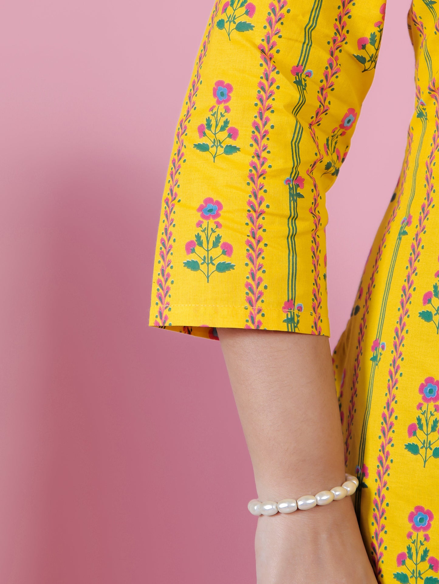 Embroidered Soft Cotton Floral A-line Yellow Kurta