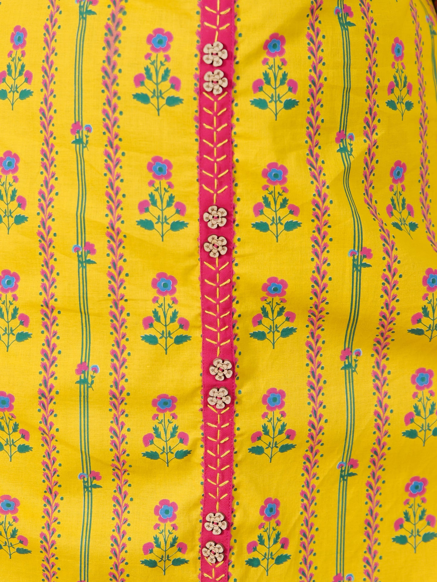 Embroidered Soft Cotton Floral A-line Yellow Kurta