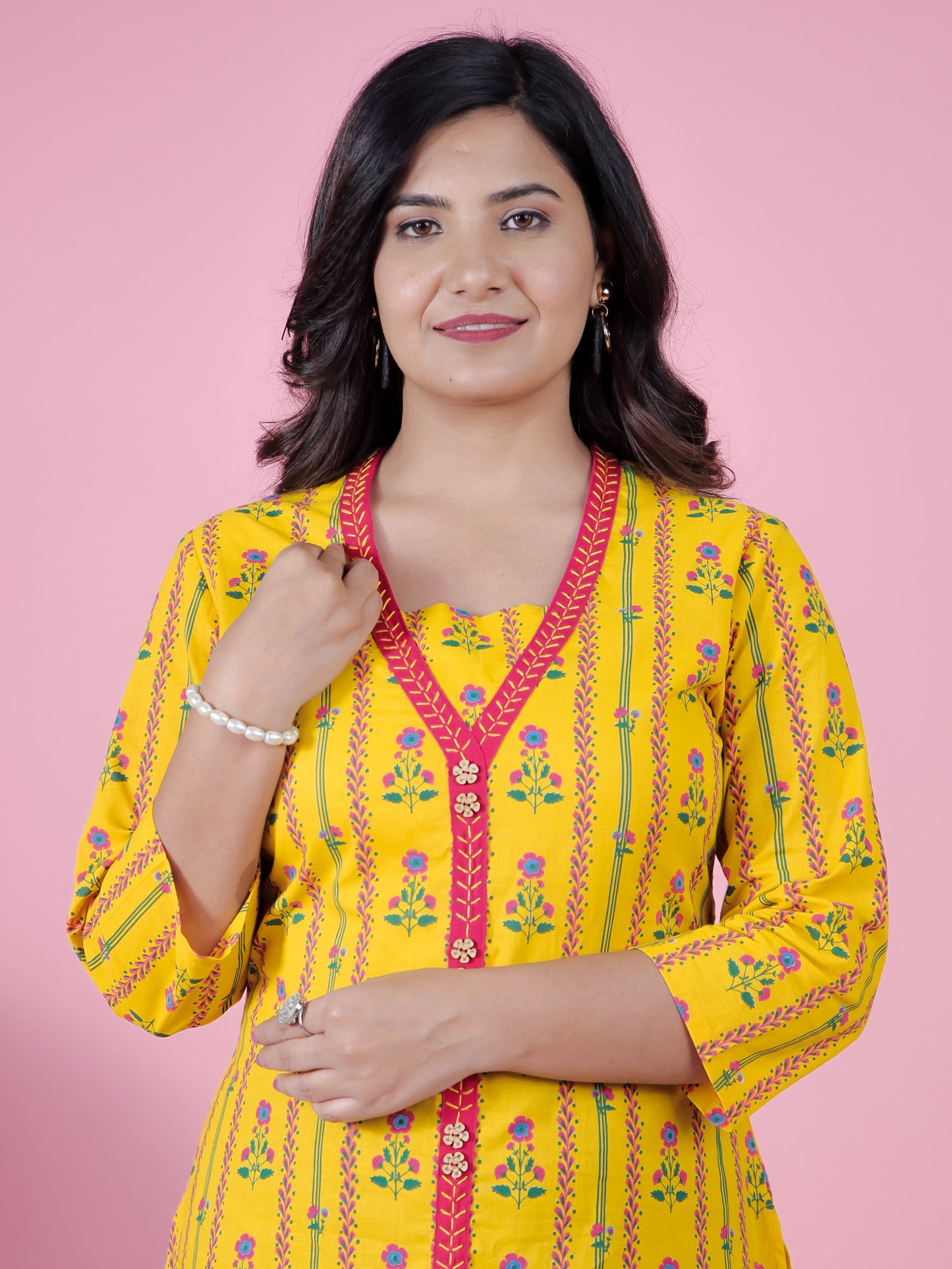 Embroidered Soft Cotton Floral A-line Yellow Kurta