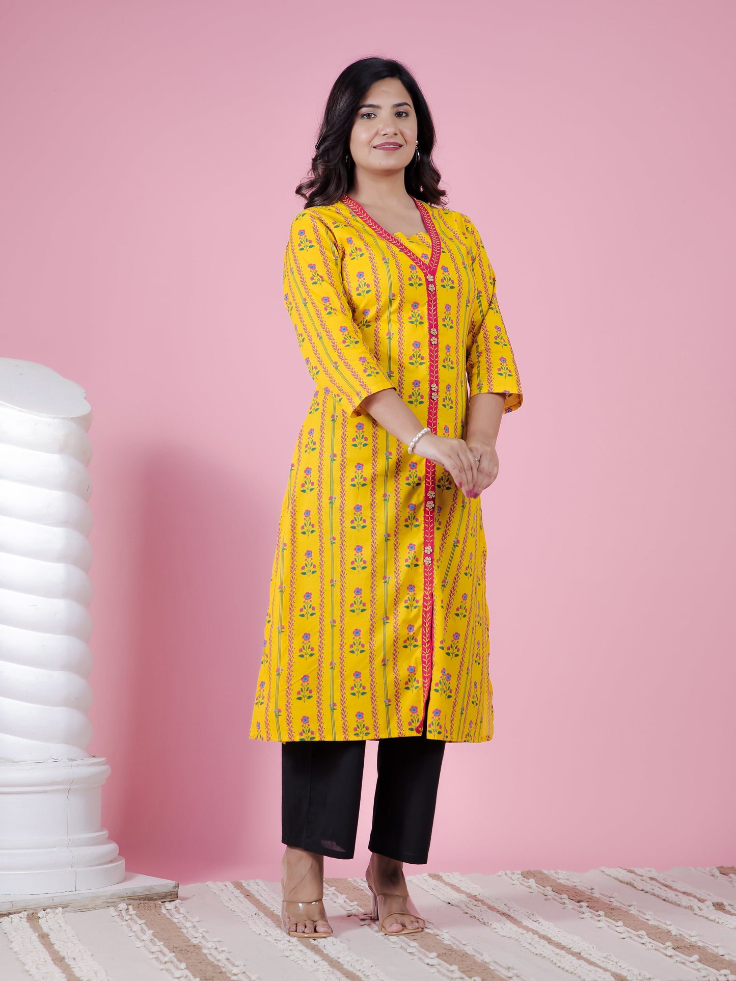 Embroidered Soft Cotton Floral A-line Yellow Kurta