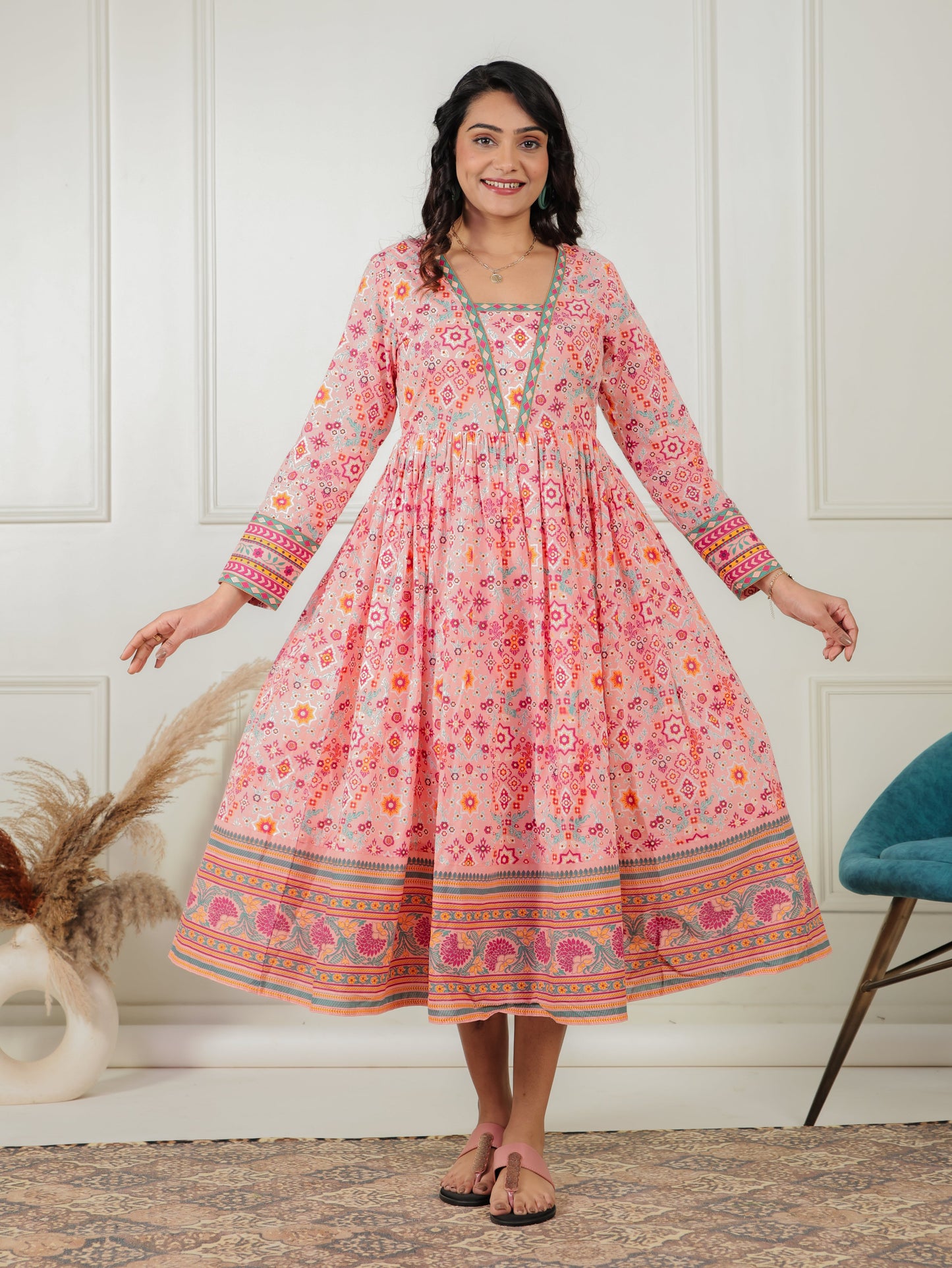 Soft Cotton Geometric Anarkali Peach Dress