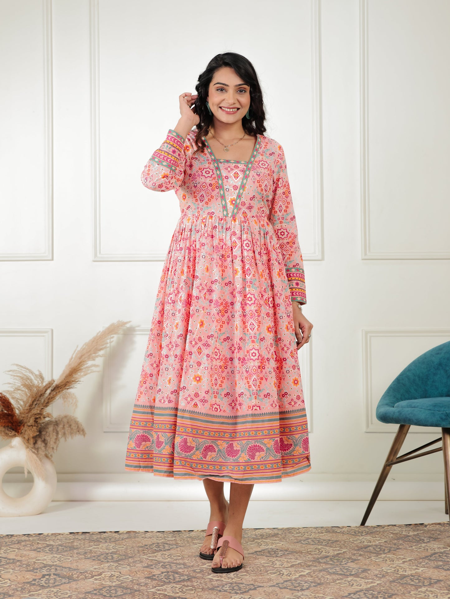 Soft Cotton Geometric Anarkali Peach Dress