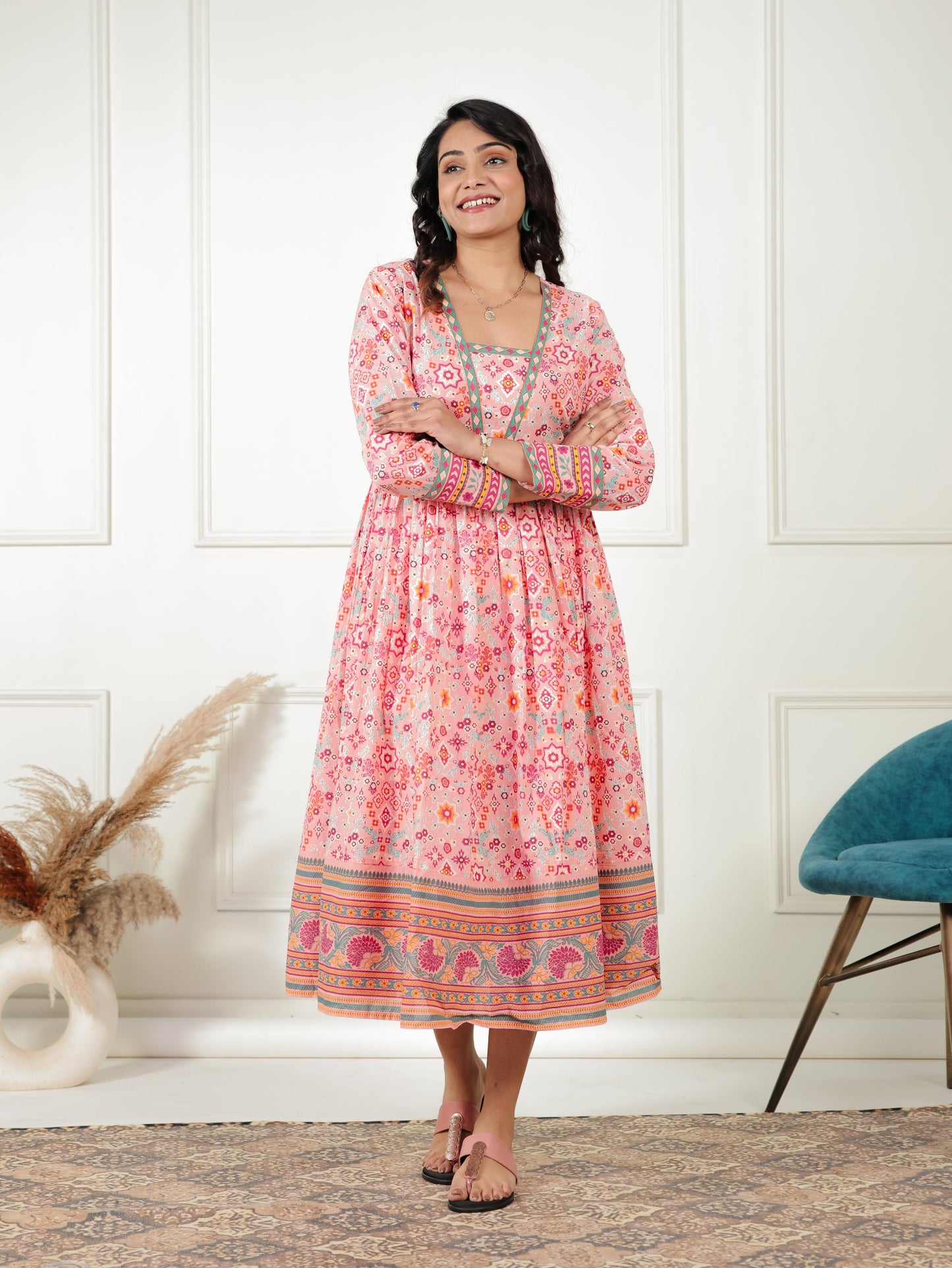 Soft Cotton Geometric Anarkali Peach Dress