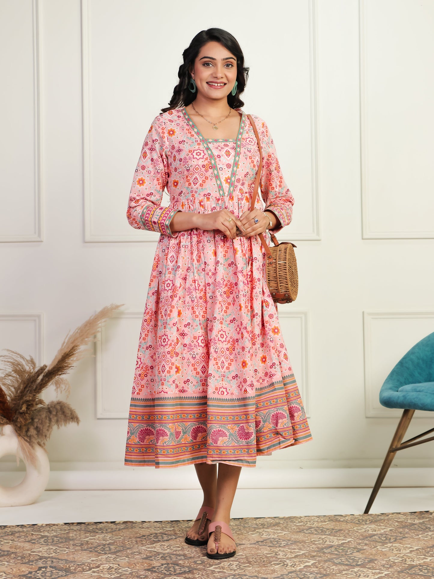 Soft Cotton Geometric Anarkali Peach Dress