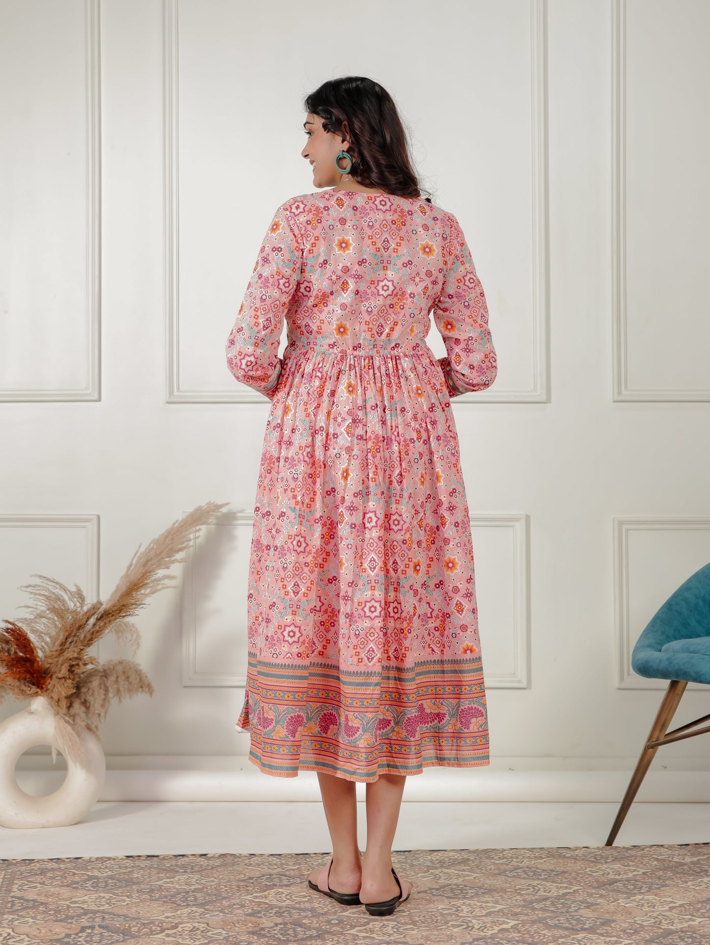 Soft Cotton Geometric Anarkali Peach Dress