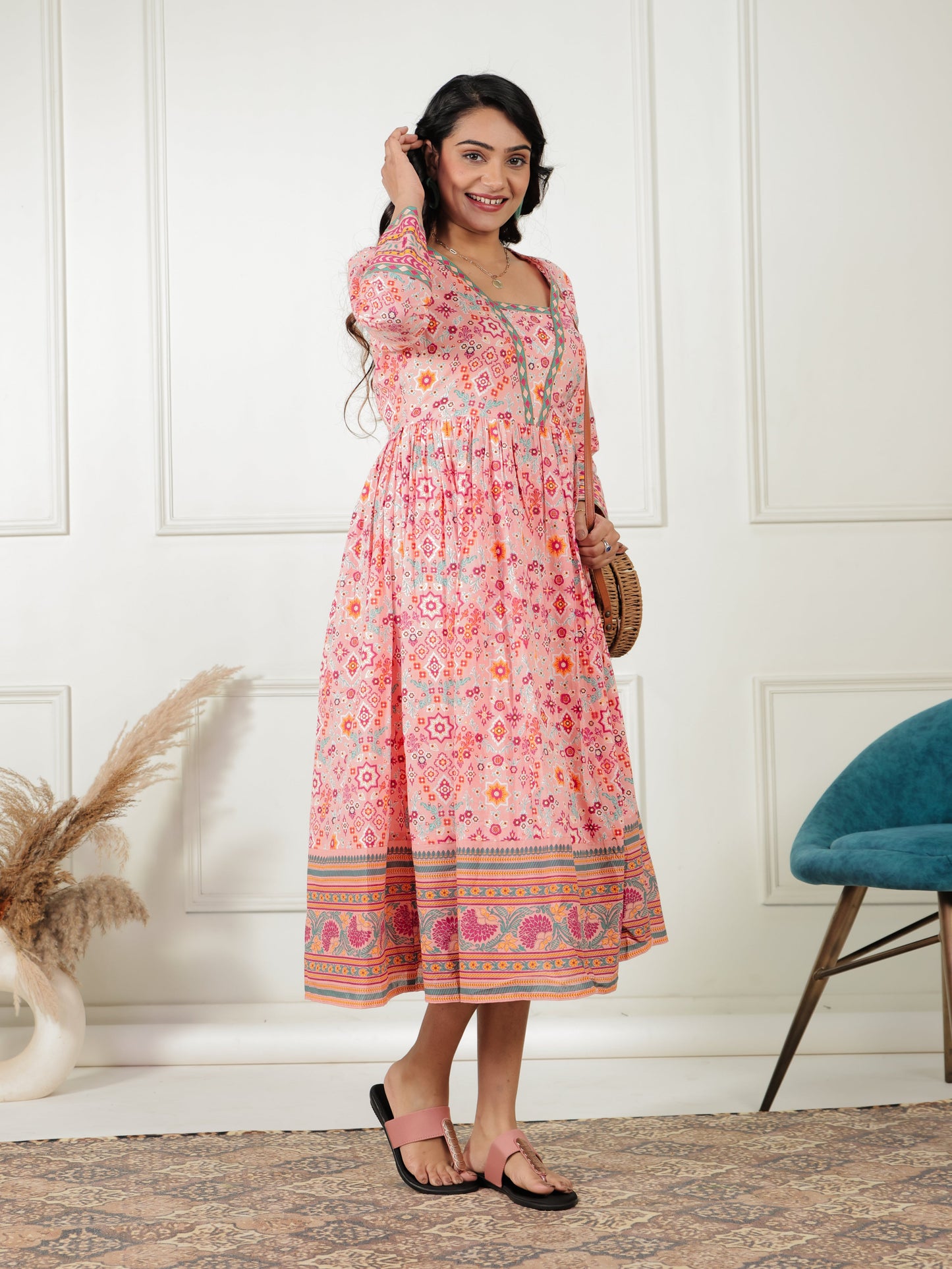 Soft Cotton Geometric Anarkali Peach Dress
