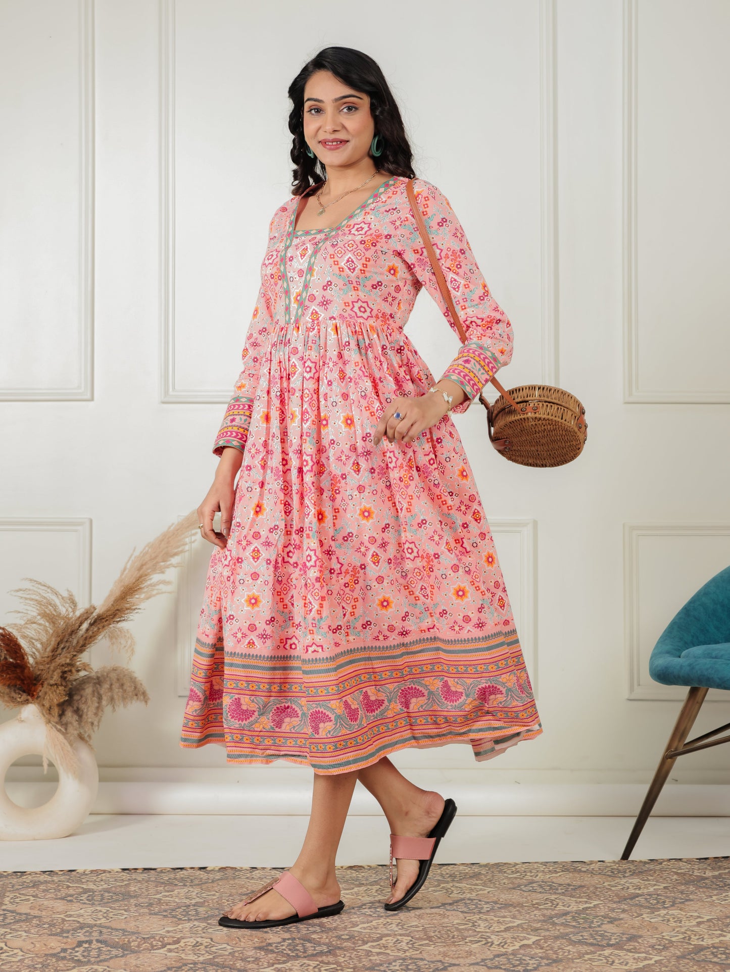 Soft Cotton Geometric Anarkali Peach Dress