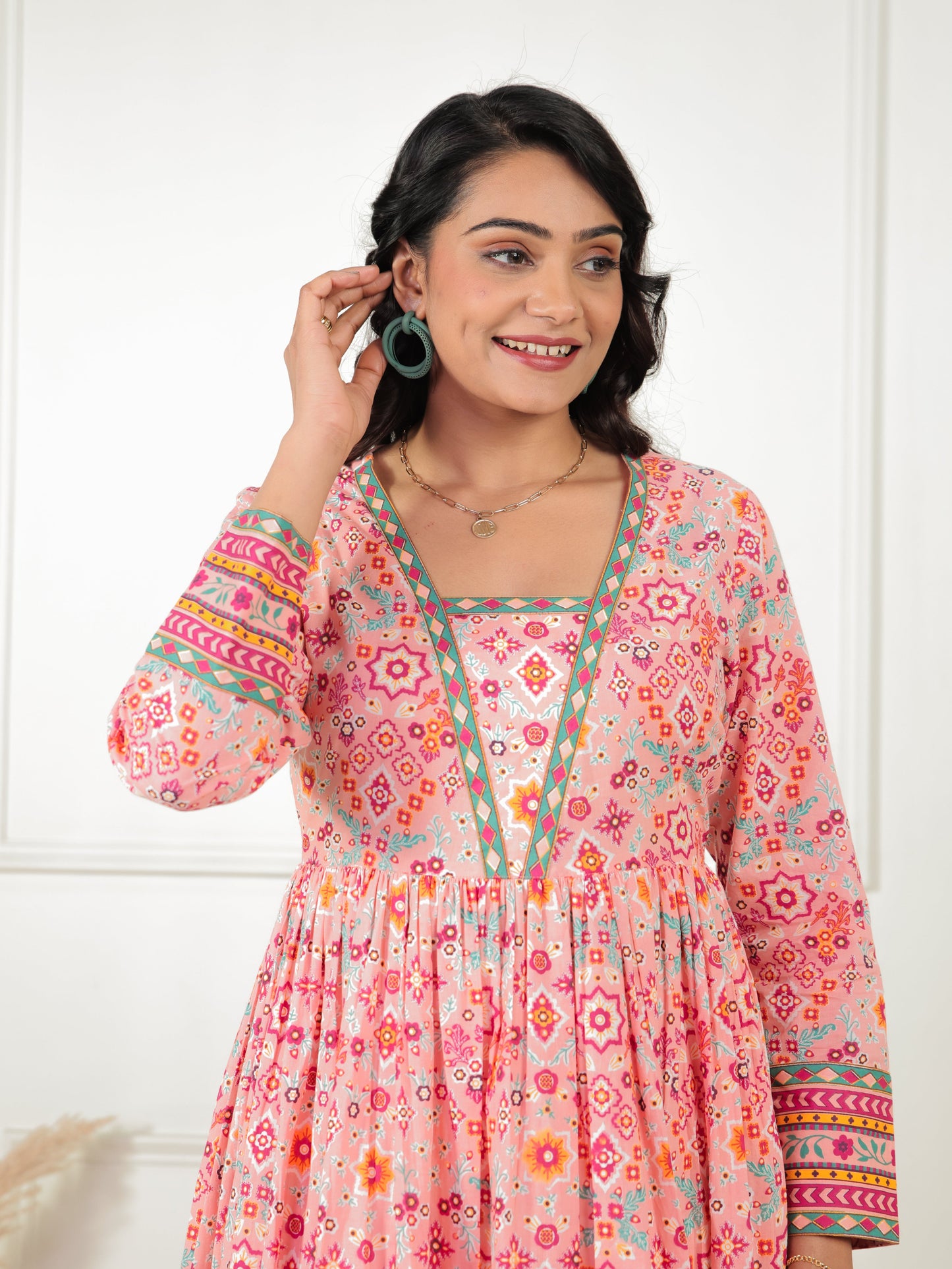 Soft Cotton Geometric Anarkali Peach Dress