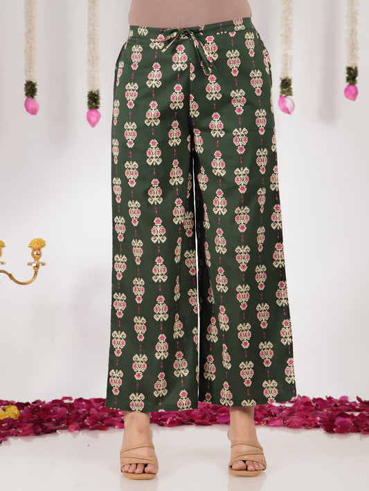 Soft Cotton Ikat Green Flared Trousers