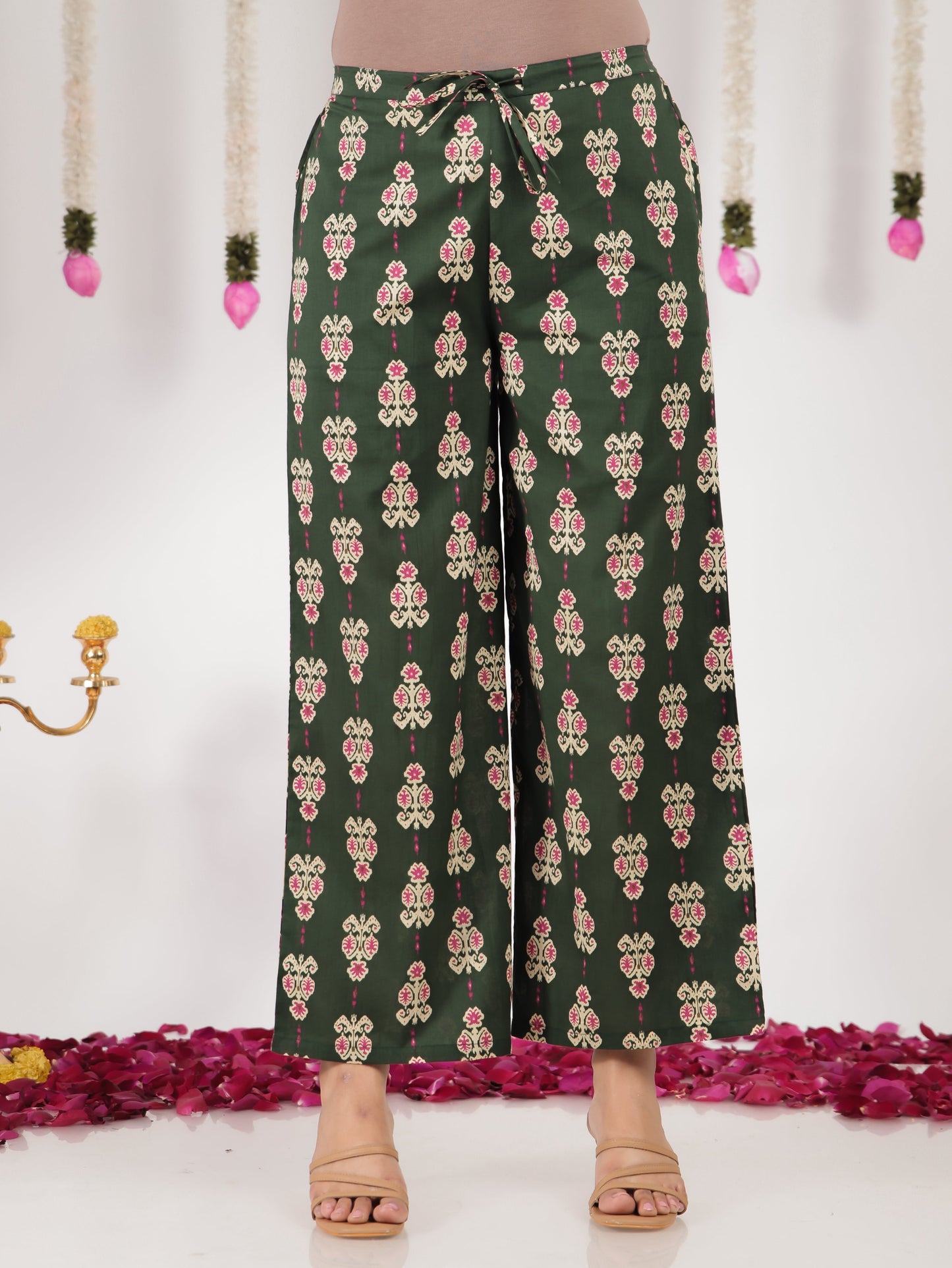 Soft Cotton Ikat Green Flared Trousers