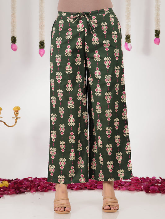 Soft Cotton Ikat Green Flared Trousers