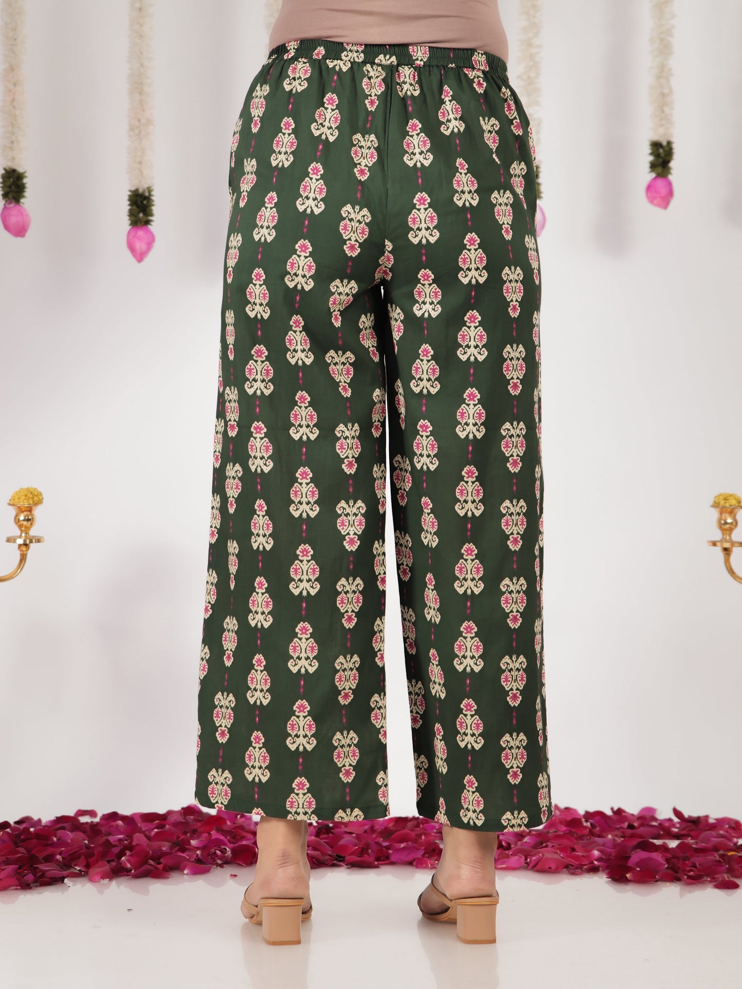 Soft Cotton Ikat Green Flared Trousers