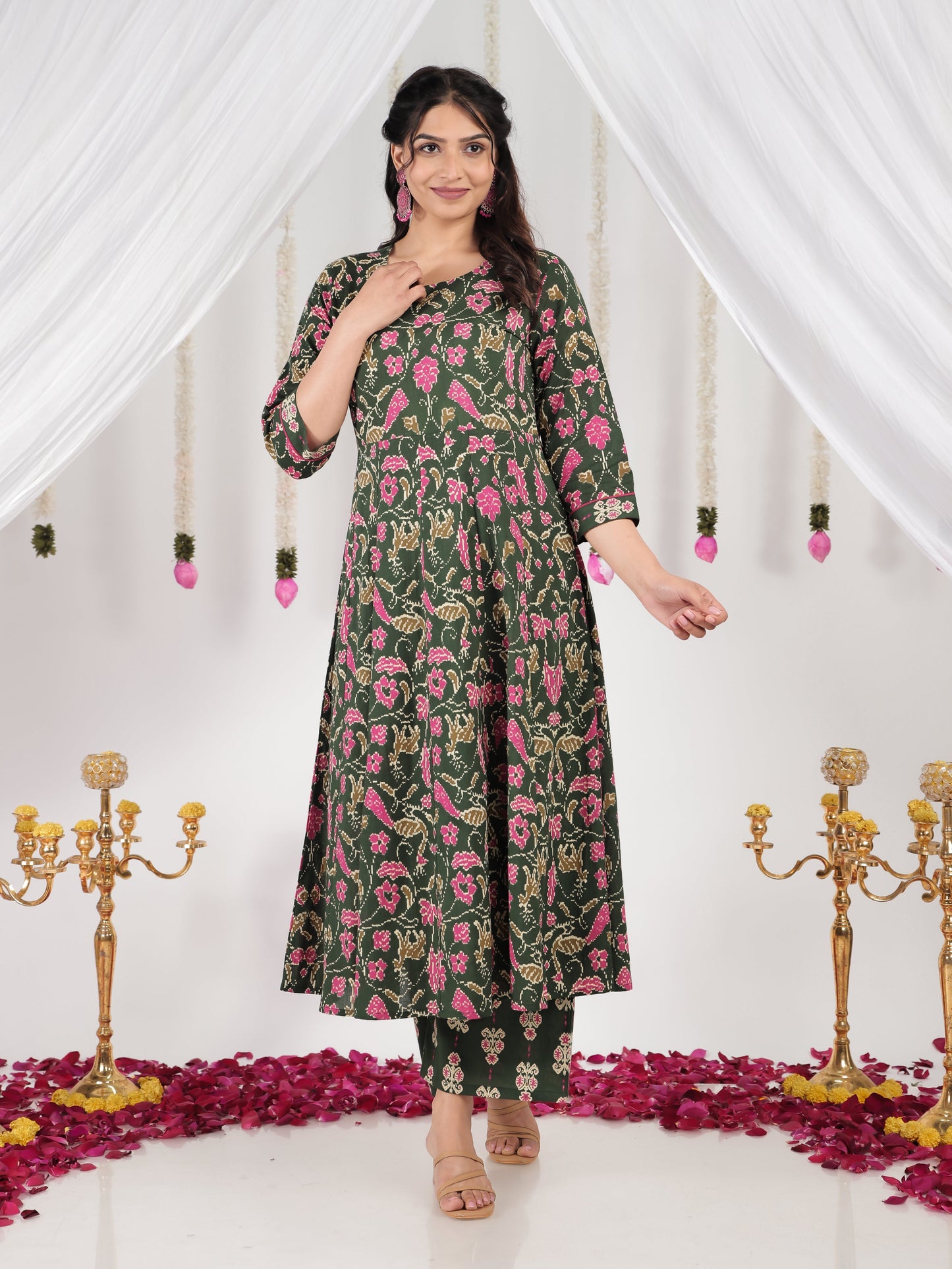 Soft Cotton Floral Anarkali Green Kurta