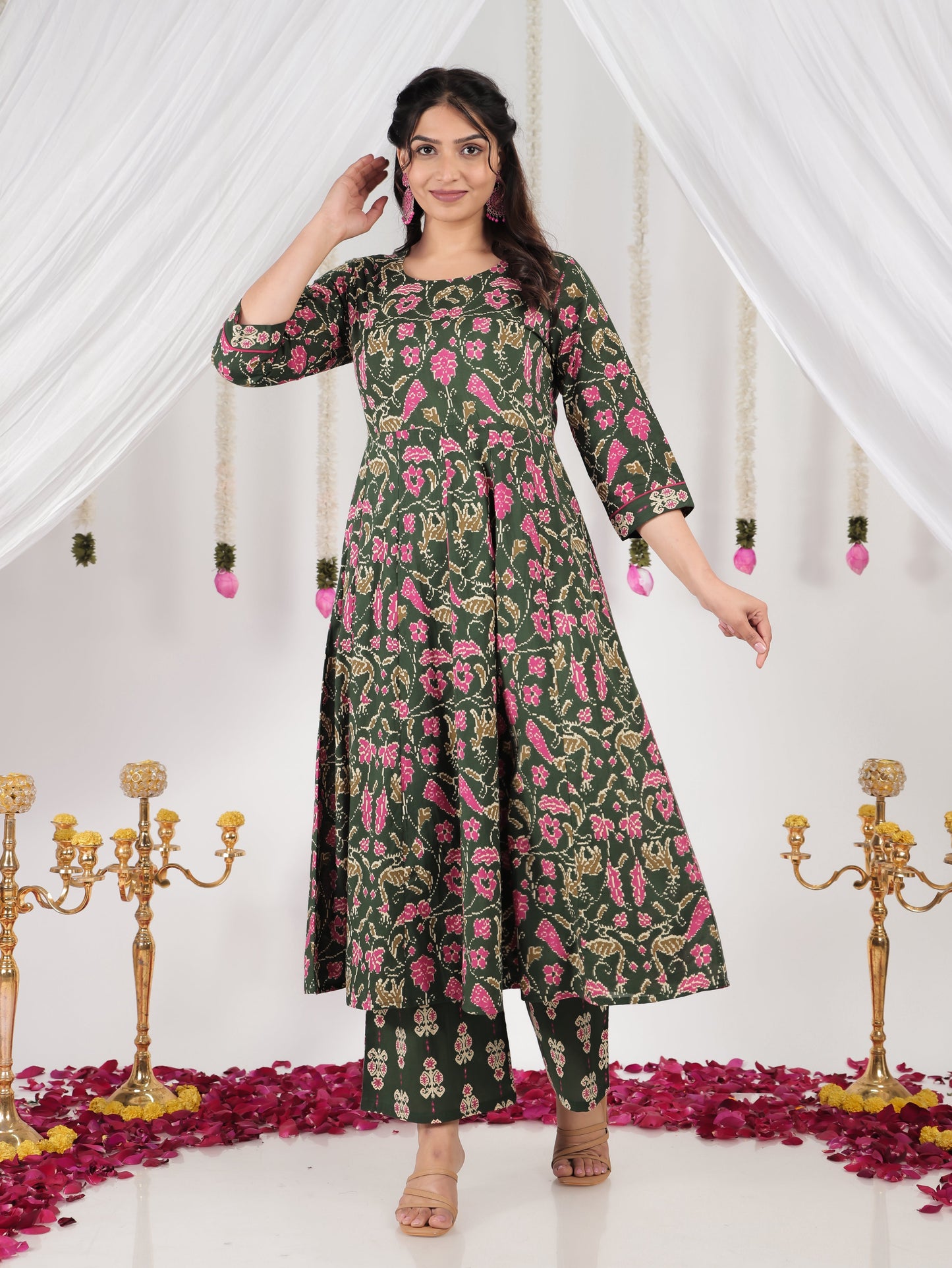 Soft Cotton Floral Anarkali Green Kurta