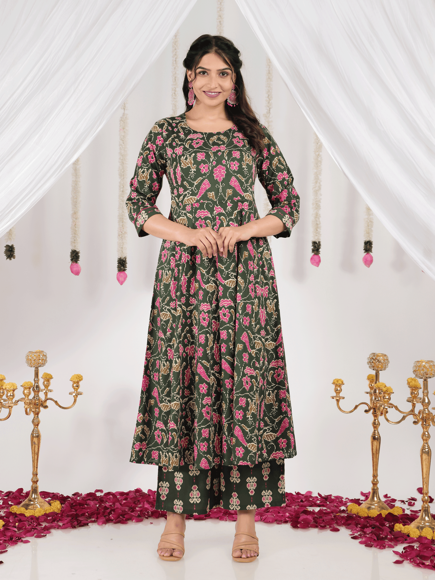 Soft Cotton Floral Anarkali Green Kurta
