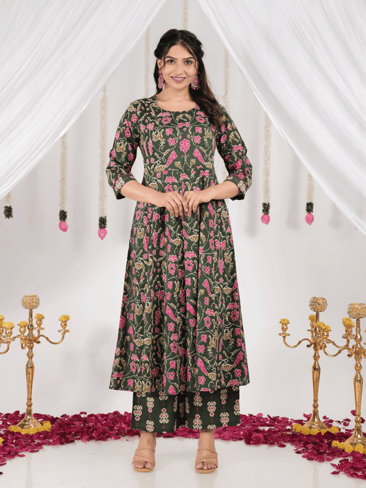 Soft Cotton Floral Anarkali Green Kurta