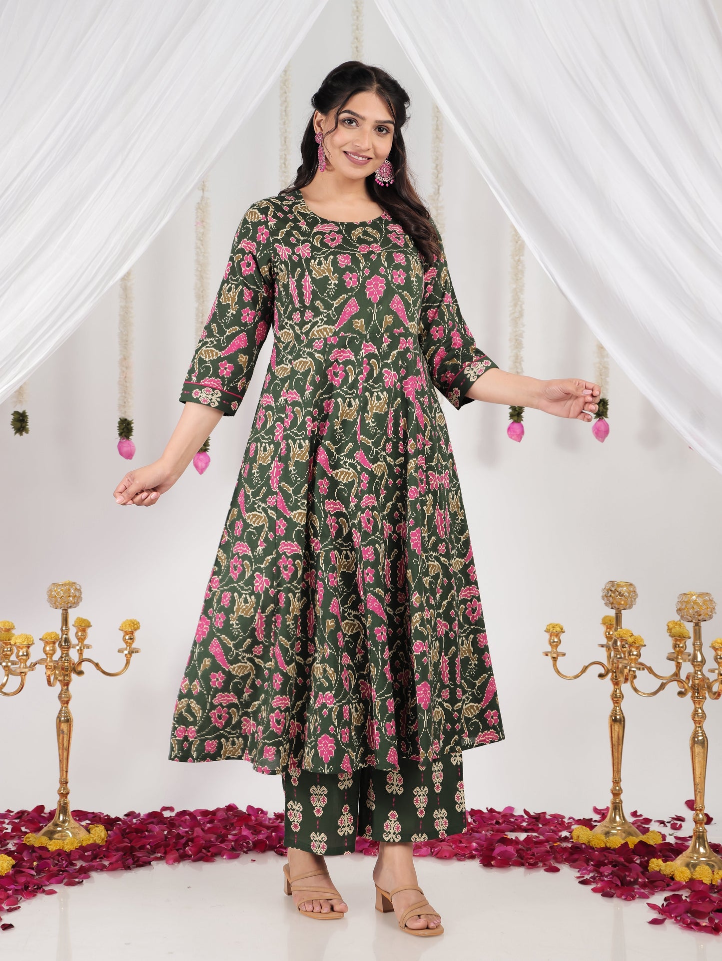 Soft Cotton Floral Anarkali Green Kurta