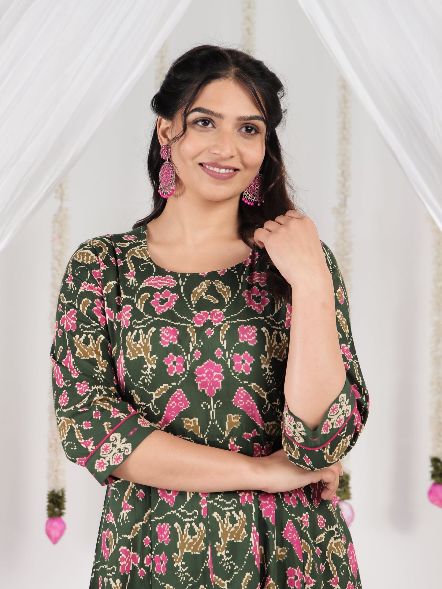 Soft Cotton Floral Anarkali Green Kurta