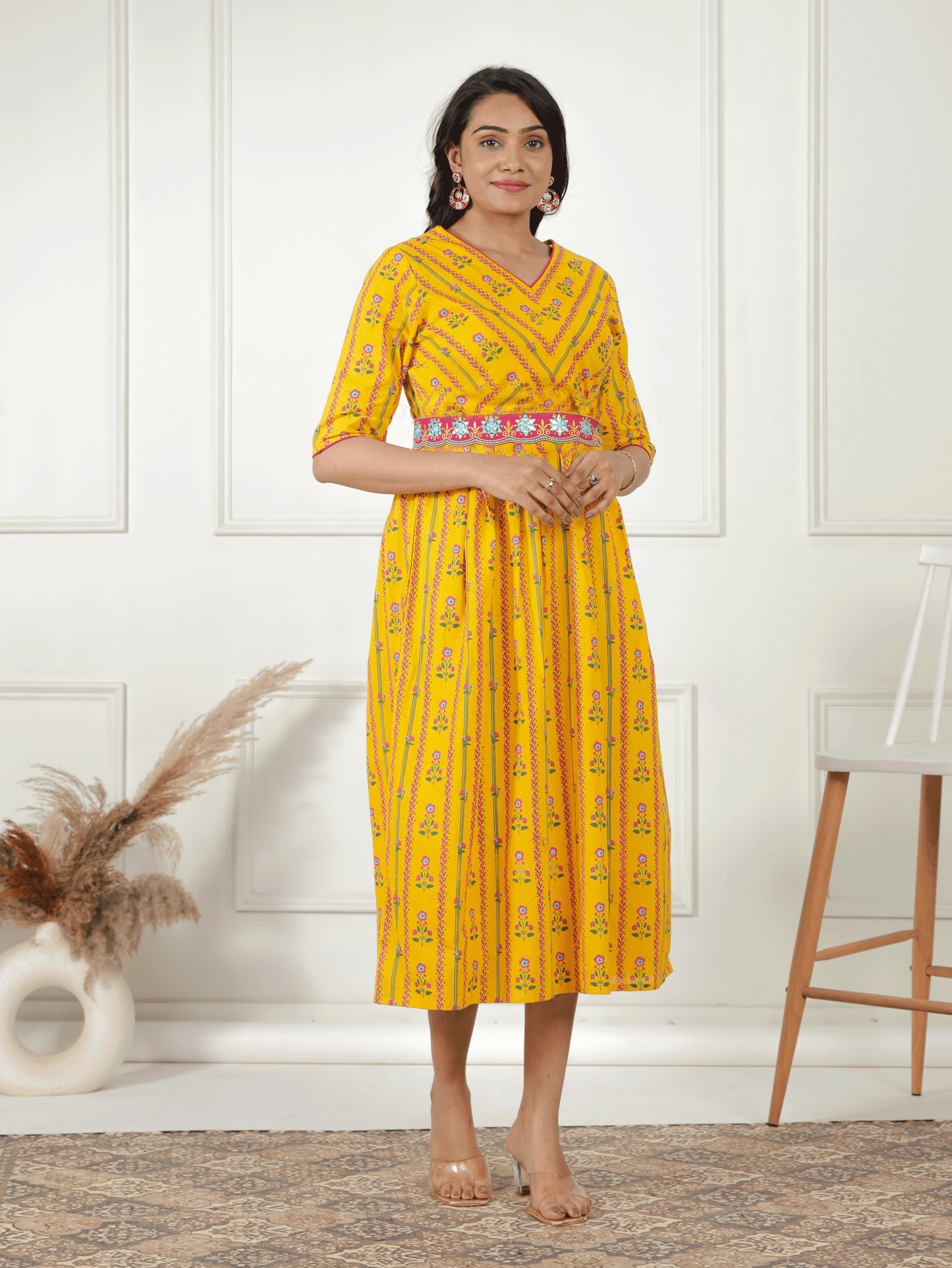 Embroidered Soft Cotton Floral A-line Lemon Yellow Dress