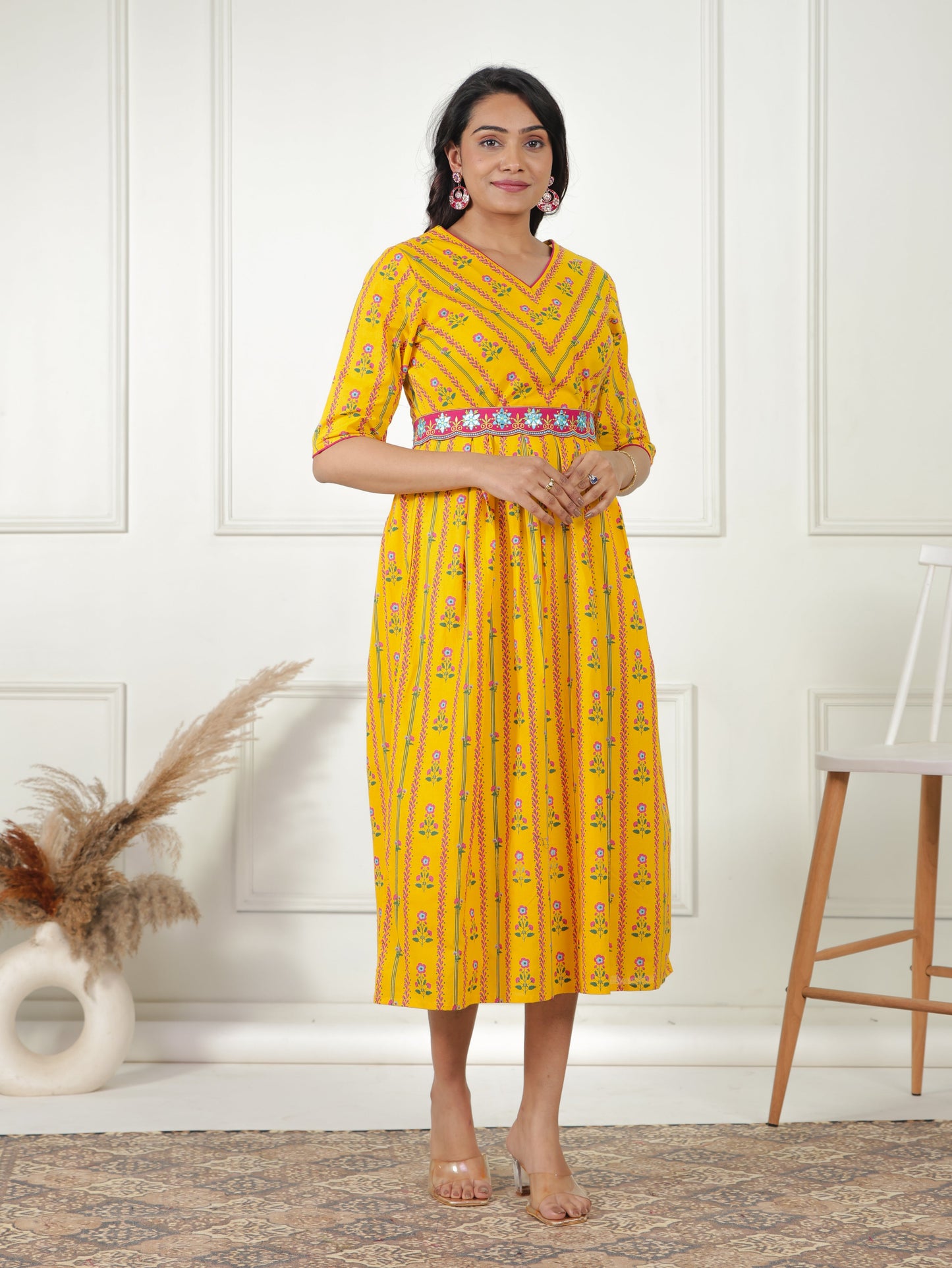 Soft Cotton Floral A-line Lemon Yellow Dress