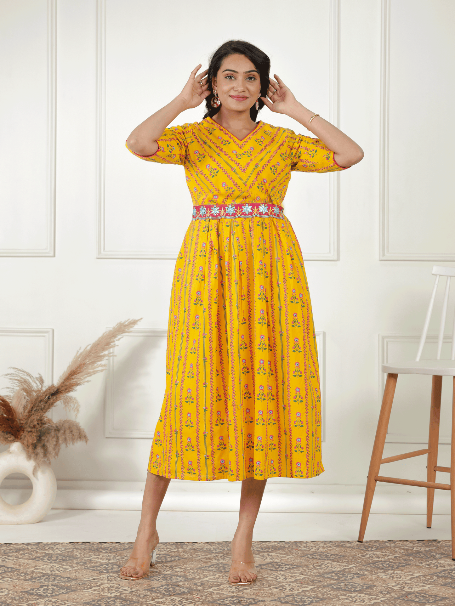 Embroidered Soft Cotton Floral A-line Lemon Yellow Dress