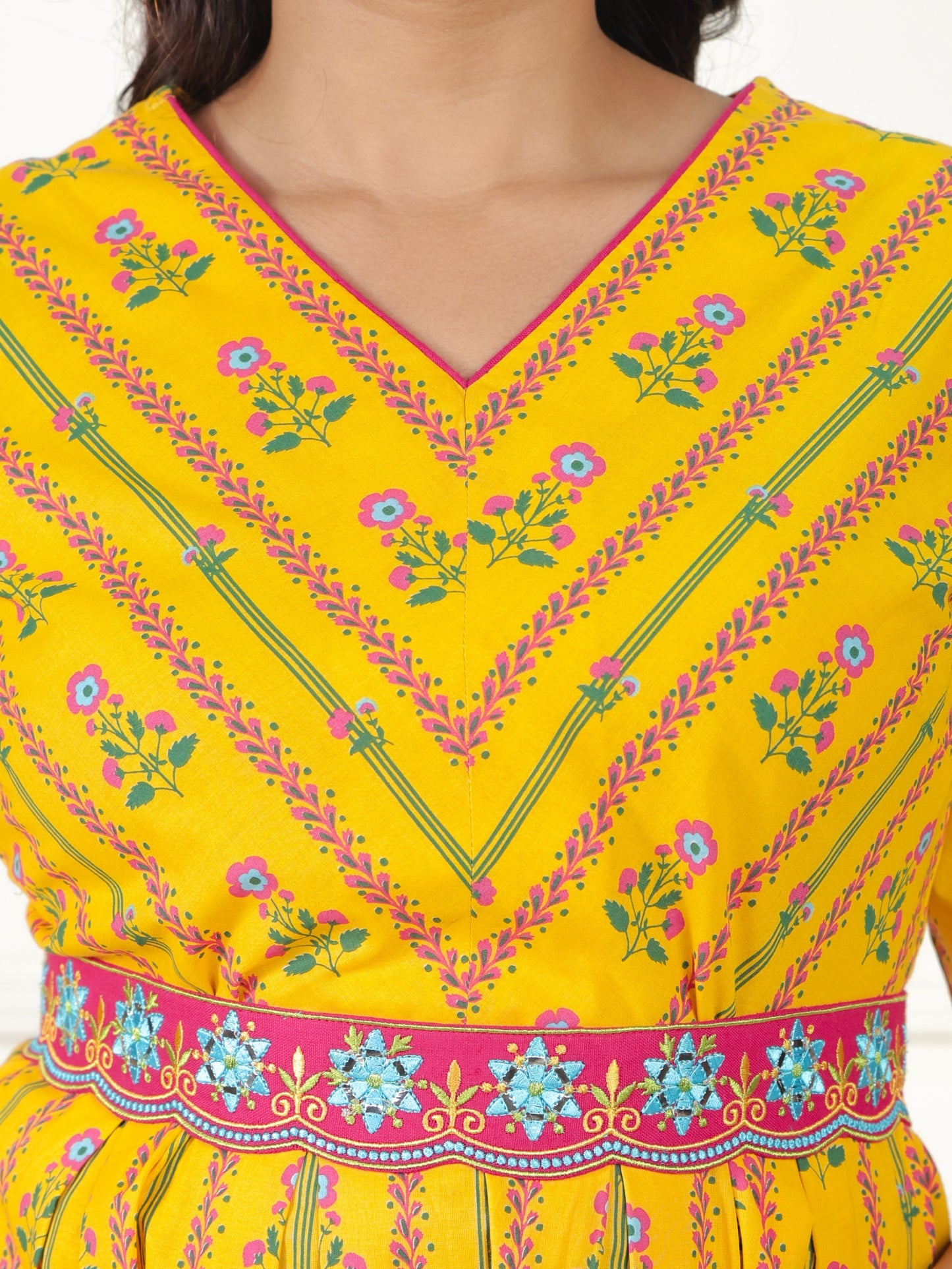 Embroidered Soft Cotton Floral A-line Lemon Yellow Dress