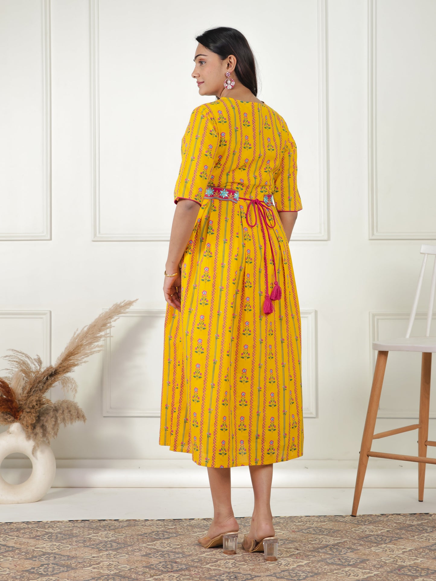 Embroidered Soft Cotton Floral A-line Lemon Yellow Dress