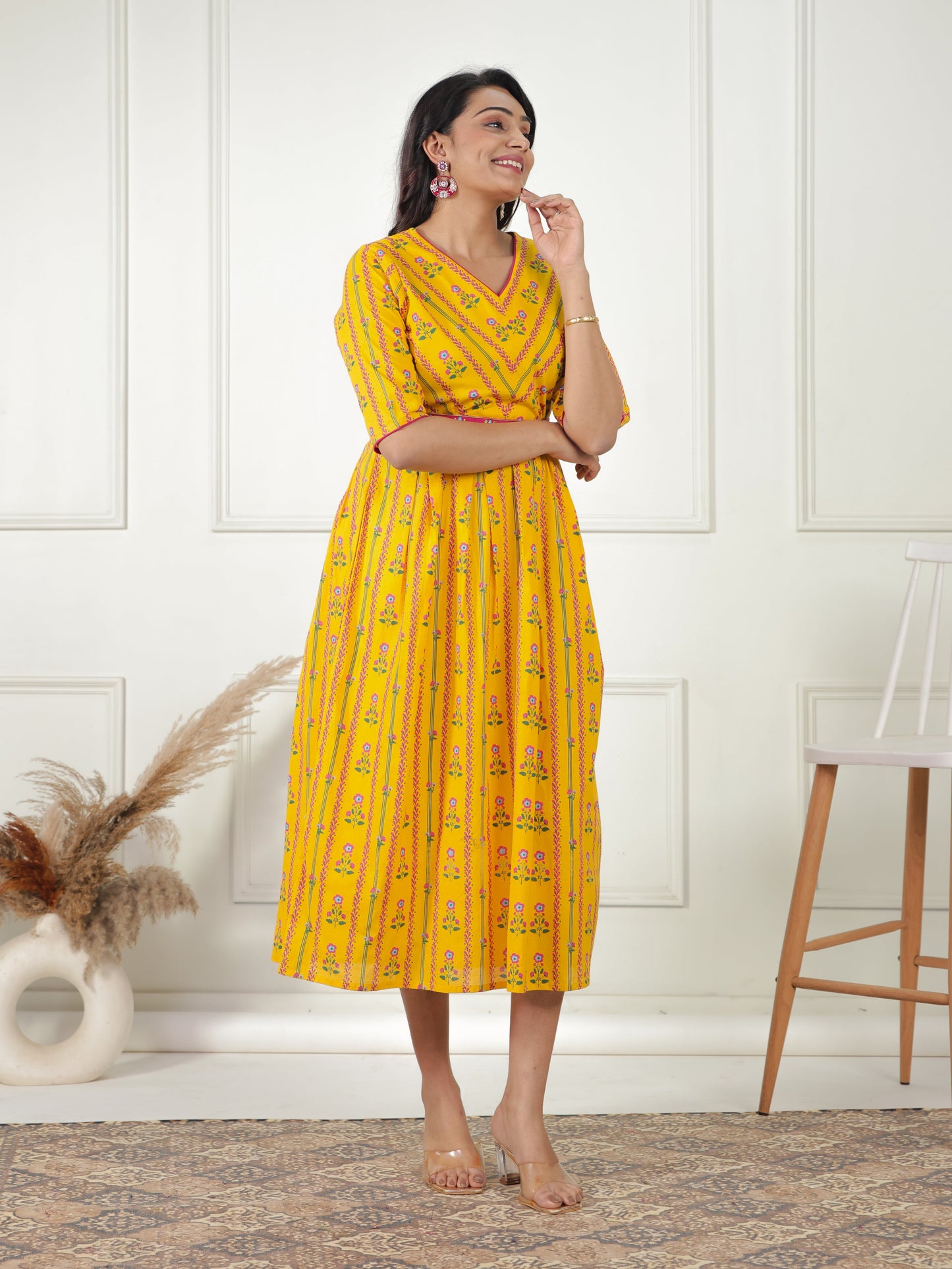 Embroidered Soft Cotton Floral A-line Lemon Yellow Dress