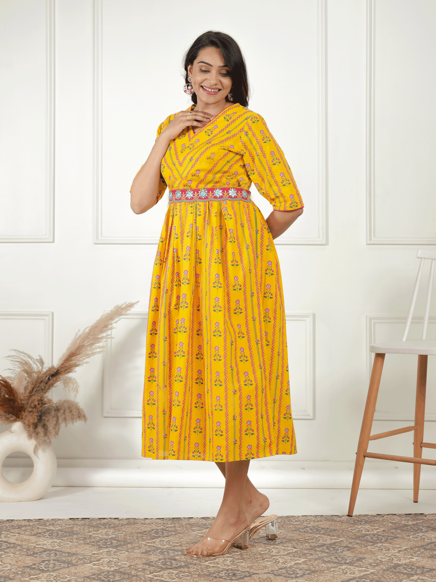 Embroidered Soft Cotton Floral A-line Lemon Yellow Dress