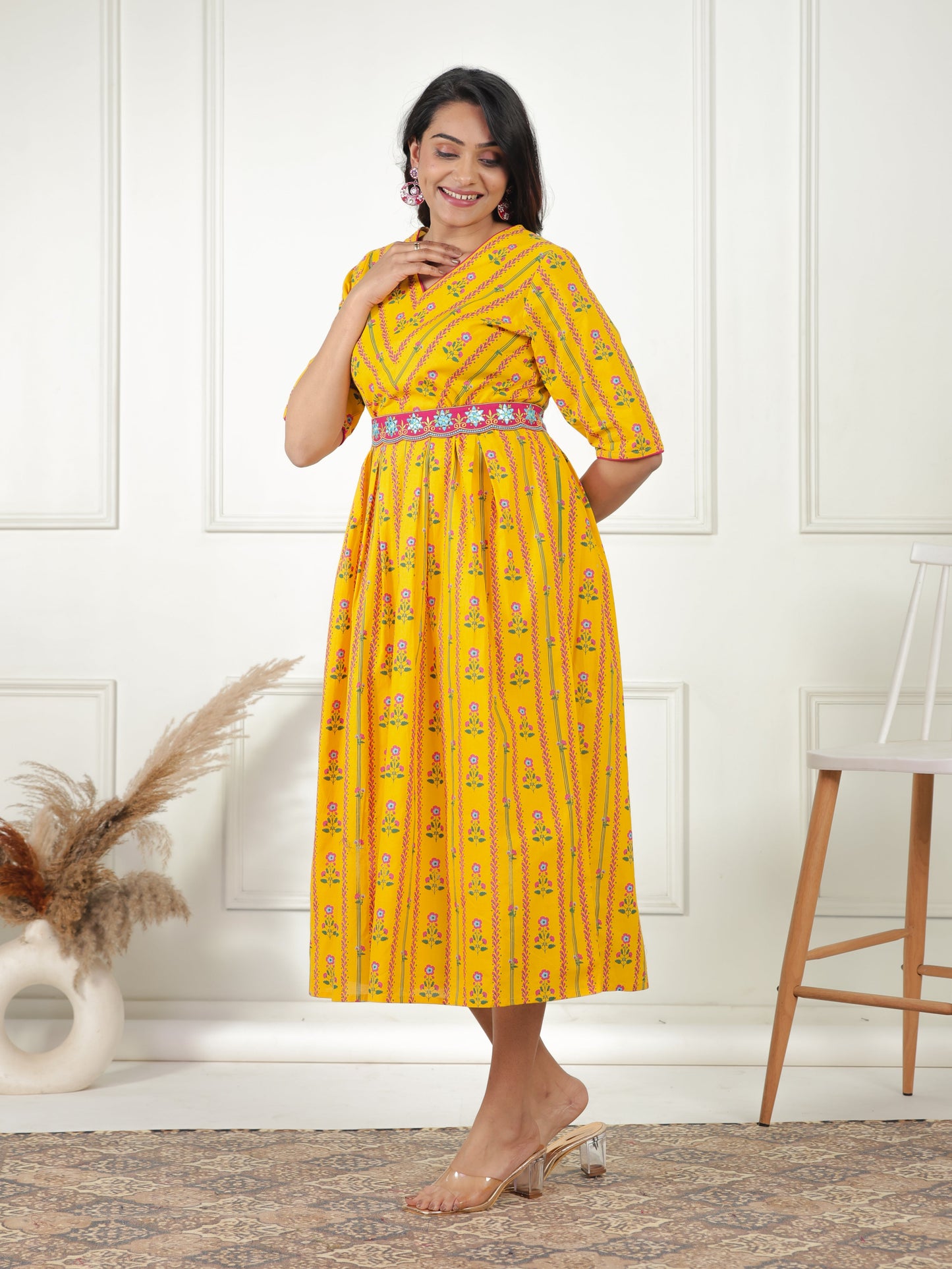 Soft Cotton Floral A-line Lemon Yellow Dress