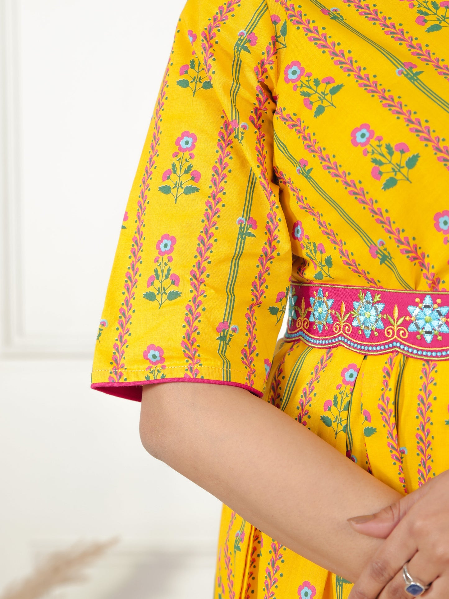 Embroidered Soft Cotton Floral A-line Lemon Yellow Dress