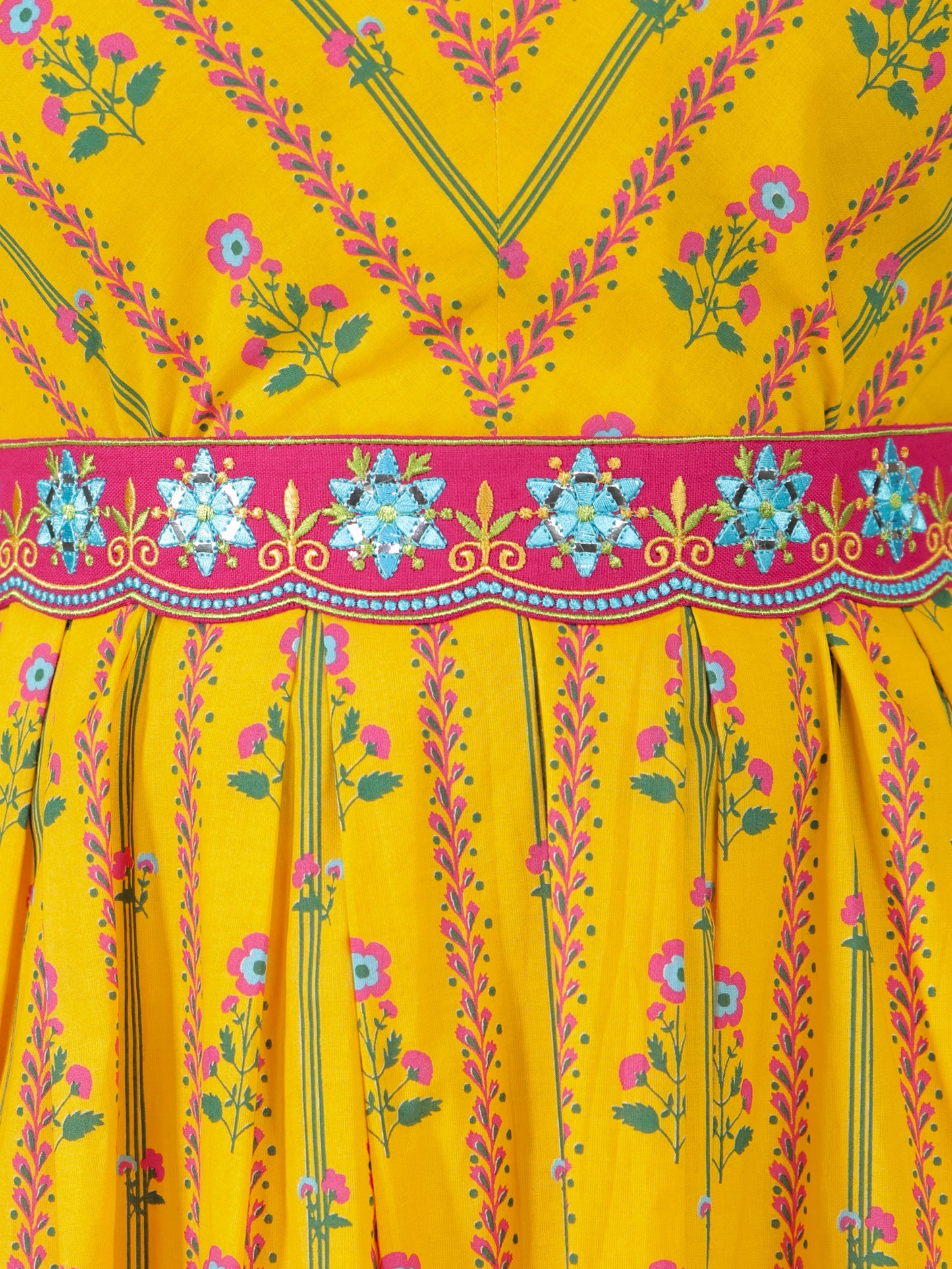 Embroidered Soft Cotton Floral A-line Lemon Yellow Dress