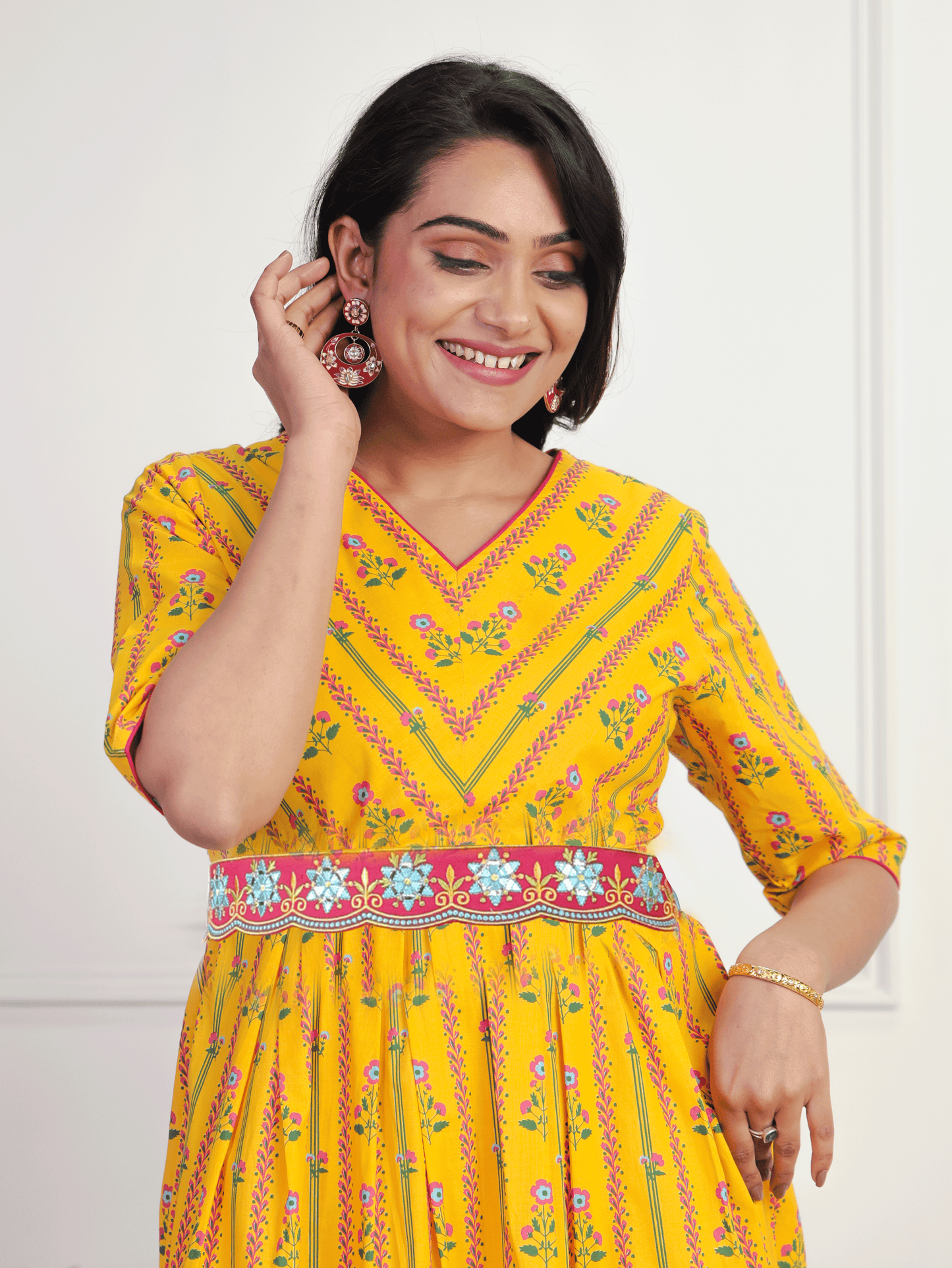 Embroidered Soft Cotton Floral A-line Lemon Yellow Dress