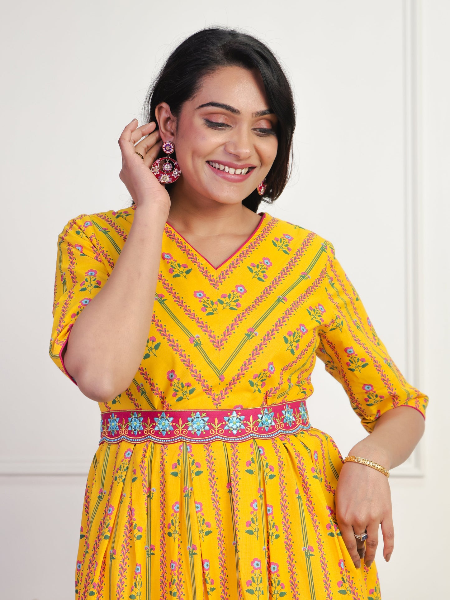 Soft Cotton Floral A-line Lemon Yellow Dress