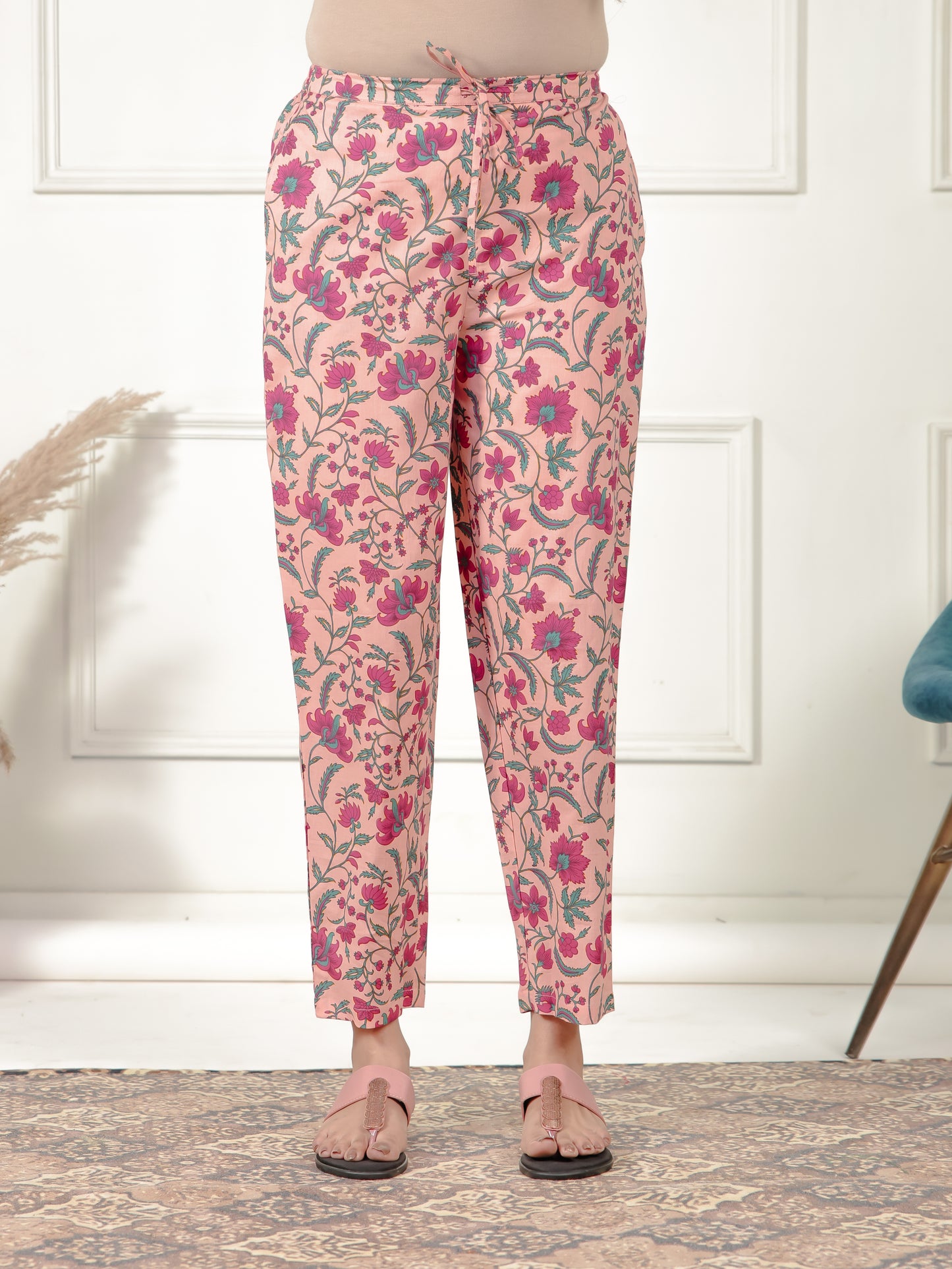 Soft Cotton Floral Peach Tapered Trousers