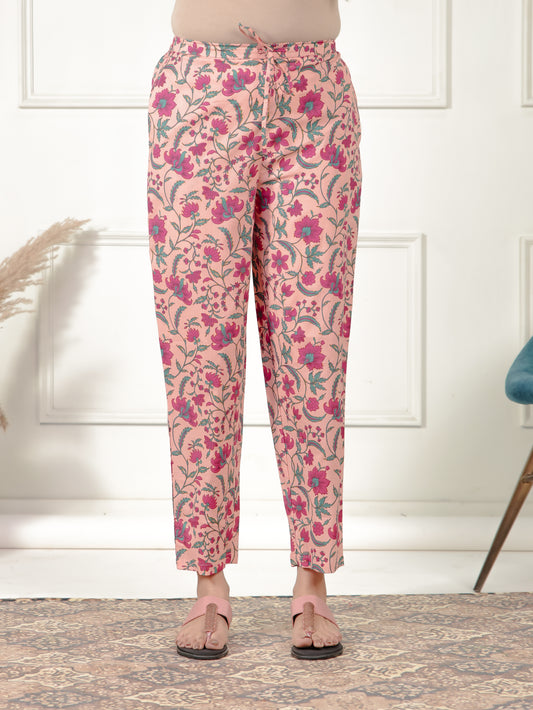 Soft Cotton Floral Peach Tapered Trousers