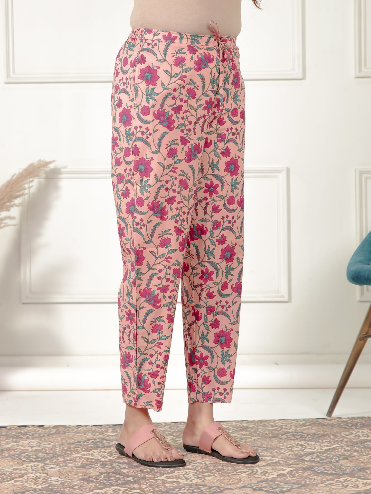Soft Cotton Floral Peach Tapered Trousers