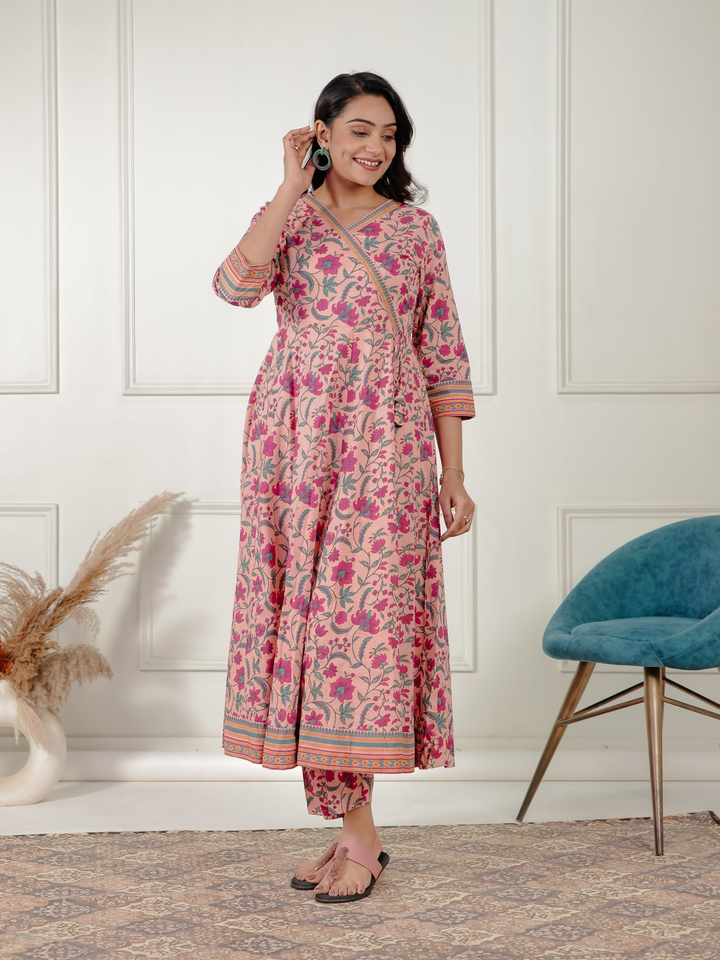 Soft Cotton Floral Angrakha Peach Kurta