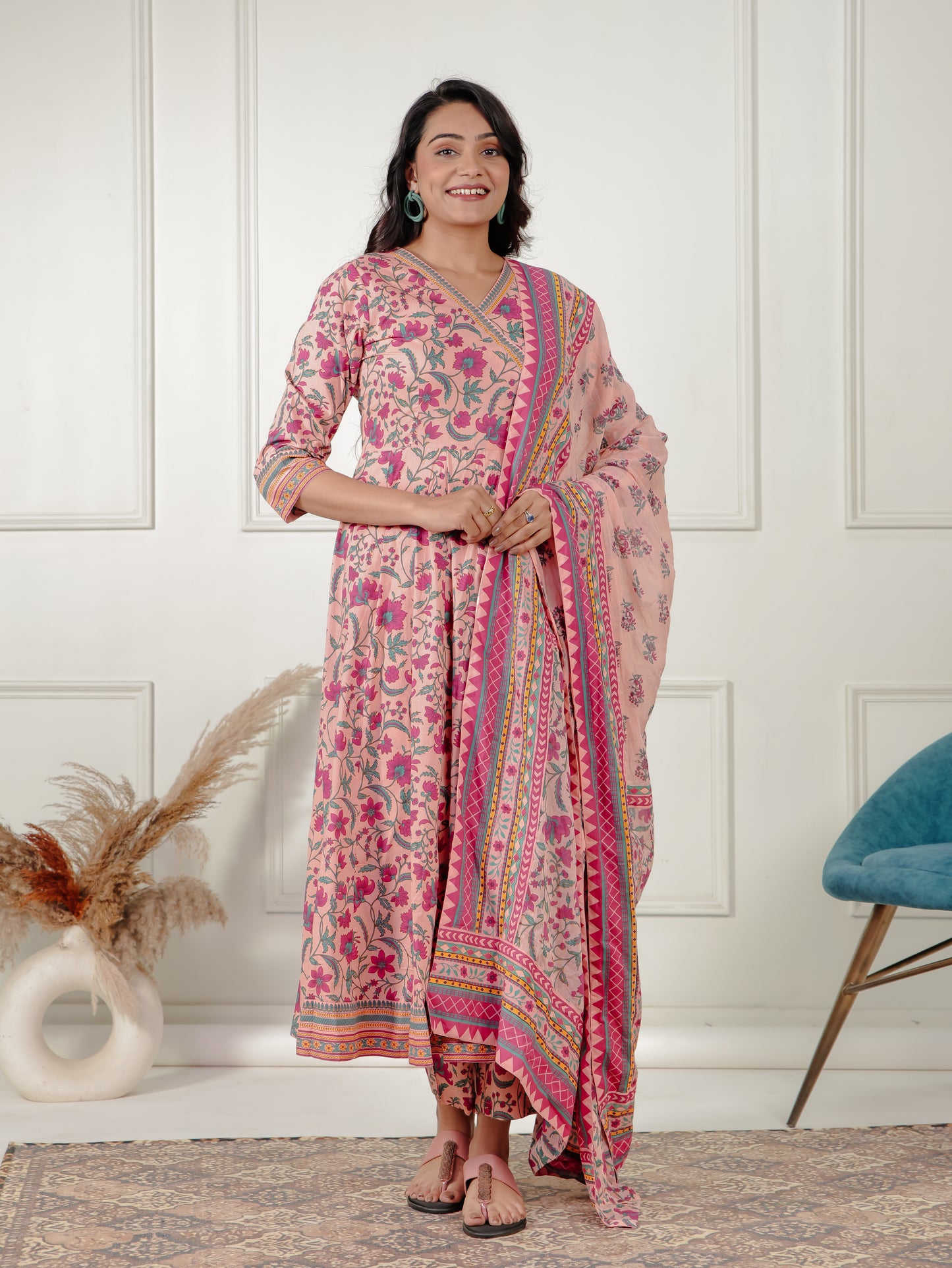 Soft Cotton Floral Angrakha Peach Kurta