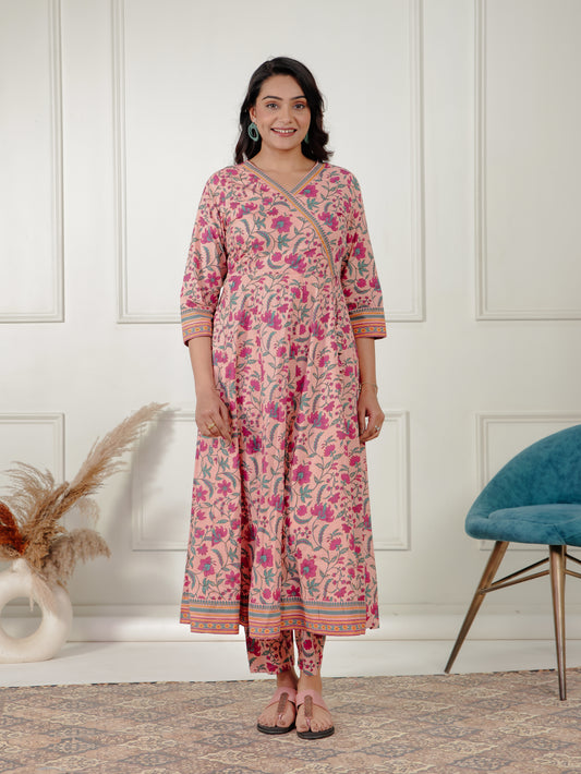 Soft Cotton Floral Angrakha Peach Kurta
