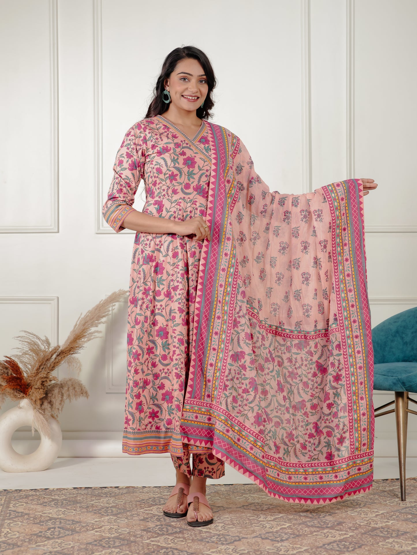 Soft Cotton Floral Angrakha Peach Kurta