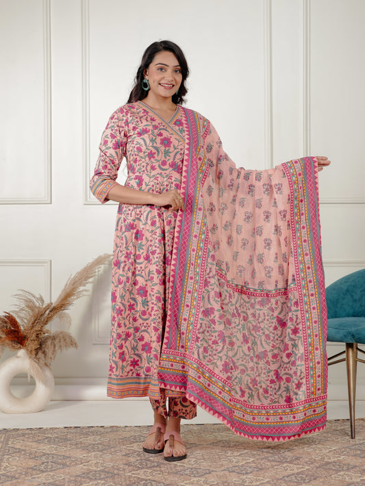 Soft Cotton Floral Angrakha Peach Kurta