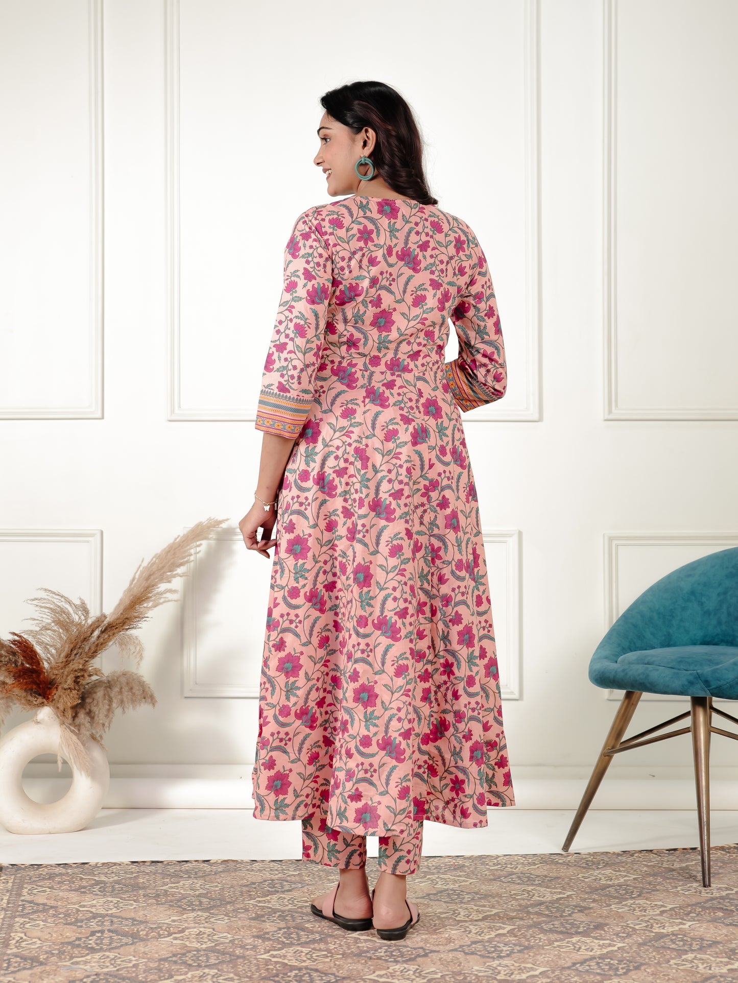 Soft Cotton Floral Angrakha Peach Kurta