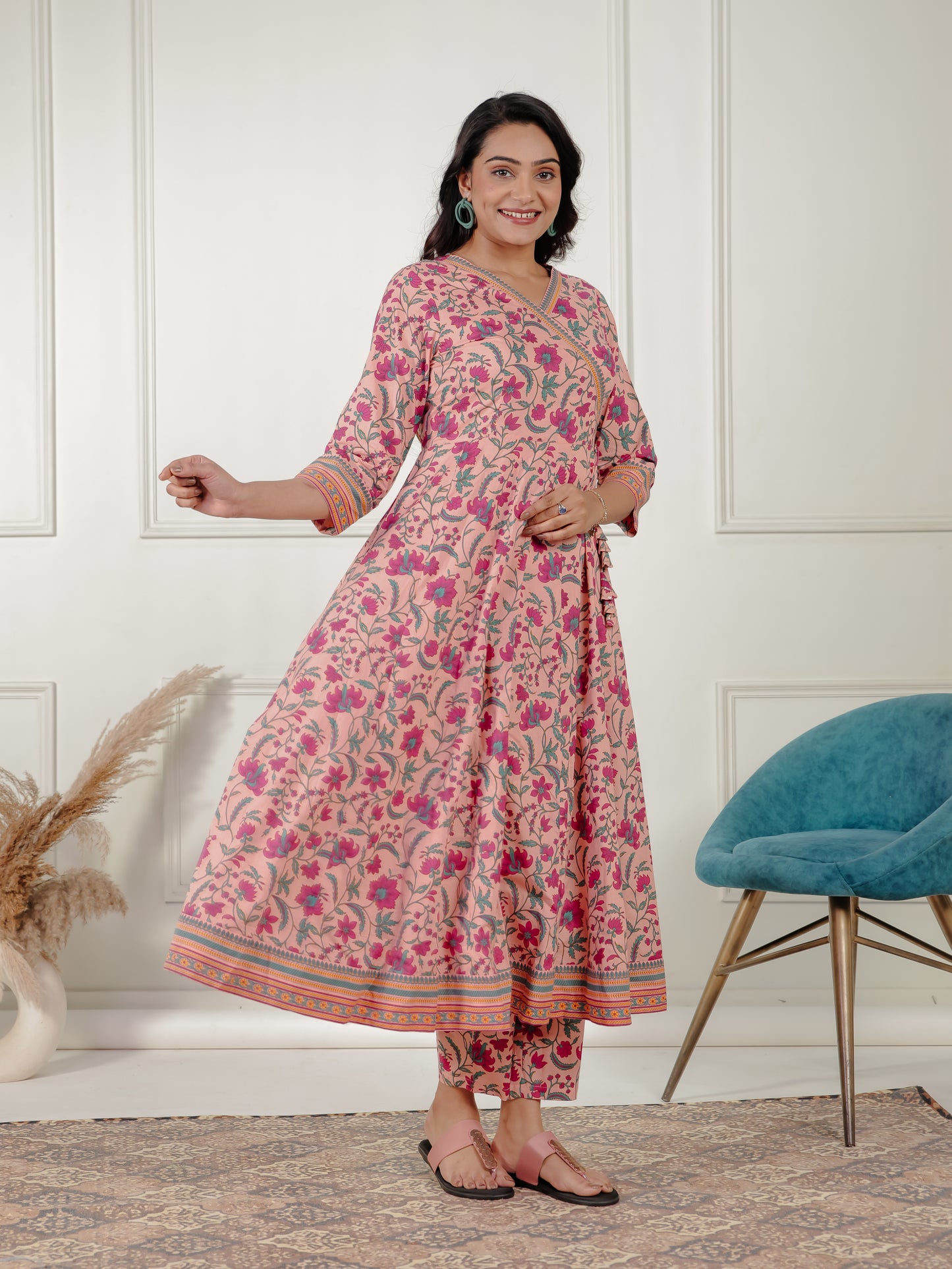Soft Cotton Floral Angrakha Peach Kurta